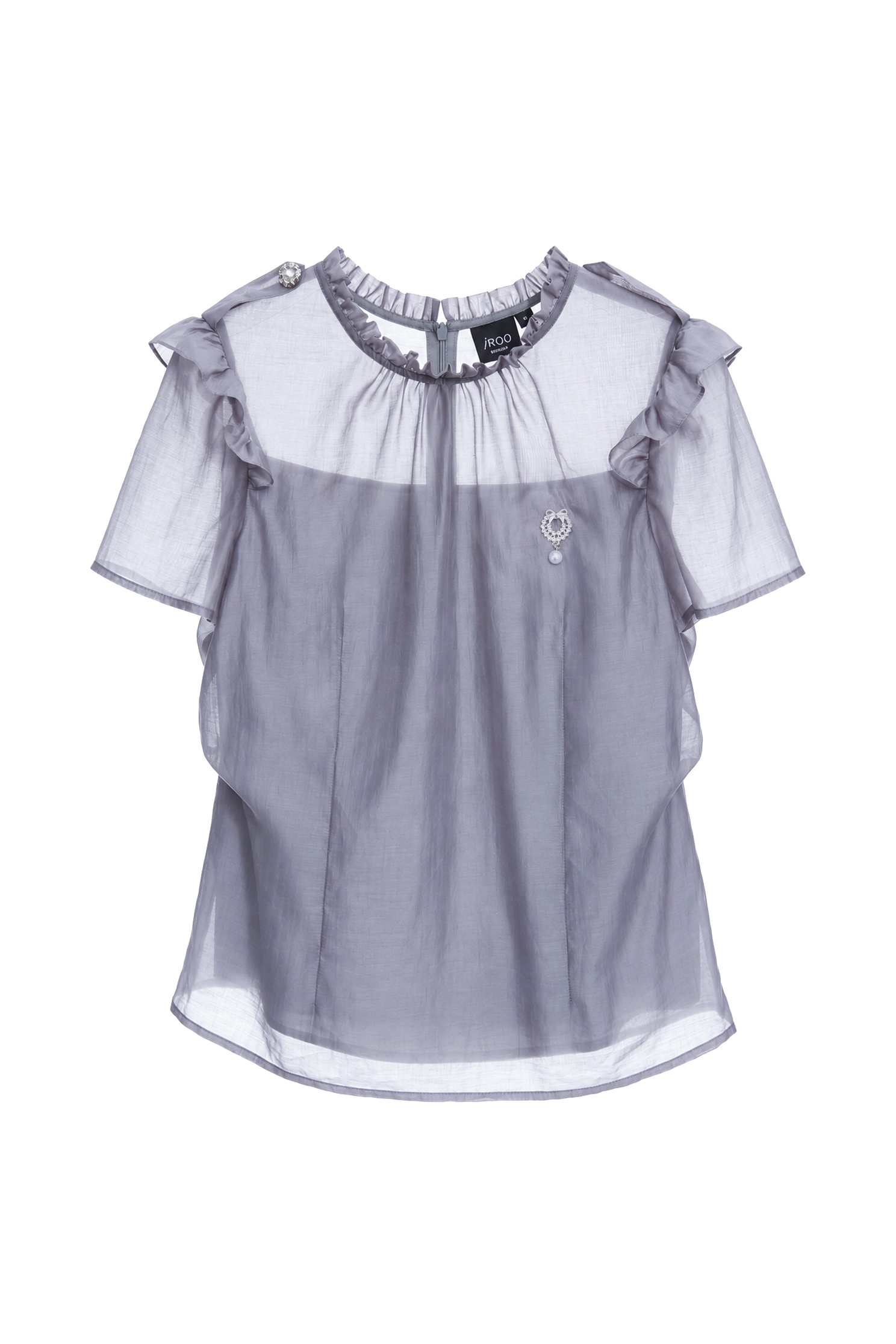 Grey Short Sleeve Accessory Brooch TopGrey Short Sleeve Accessory Brooch Top,Office Looks,Tops,pearl,Season (AW) Look,Mesh tops,Chiffon tops