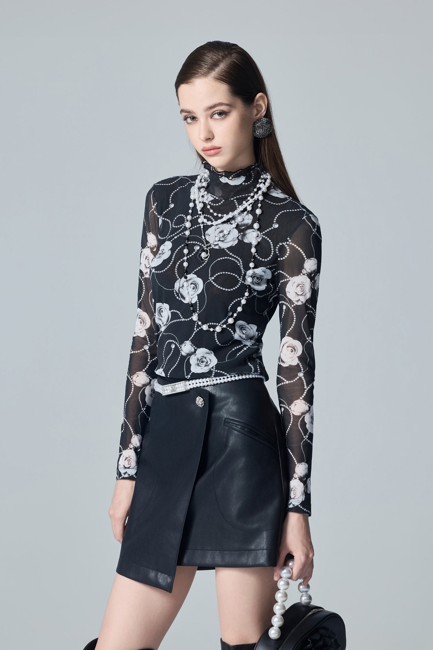 Rose Print Turtleneck Long Sleeve TopRose Print Turtleneck Long Sleeve Top,Tops,Under shirts,pearl,Season (AW) Look,Mesh tops