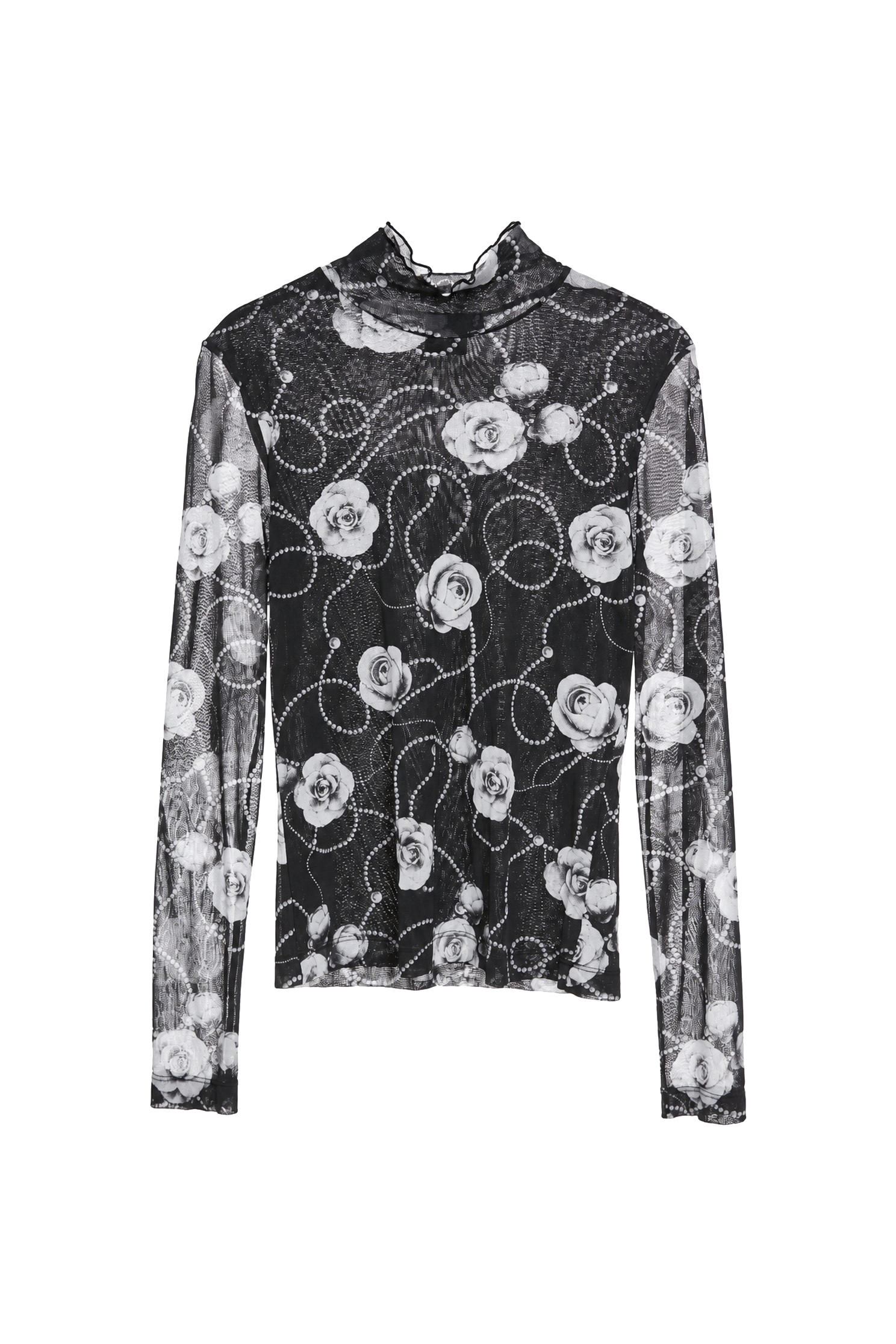 Rose Print Turtleneck Long Sleeve TopRose Print Turtleneck Long Sleeve Top,Tops,Under shirts,pearl,Season (AW) Look,Mesh tops