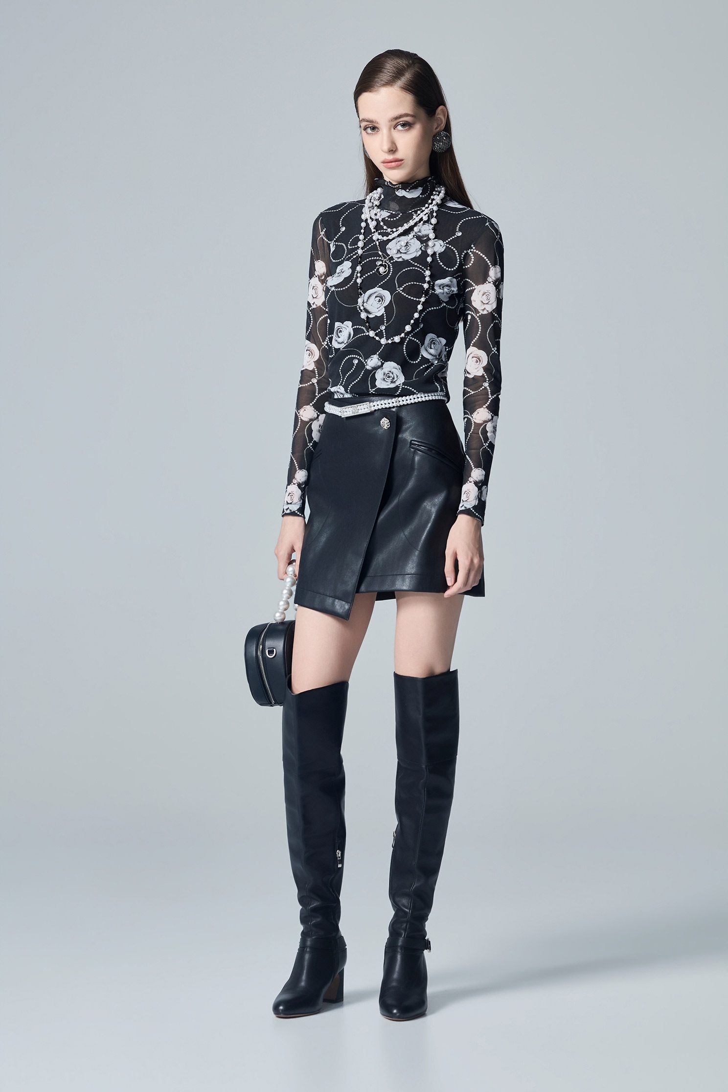 Rose Print Turtleneck Long Sleeve TopRose Print Turtleneck Long Sleeve Top,Tops,Under shirts,pearl,Season (AW) Look,Mesh tops
