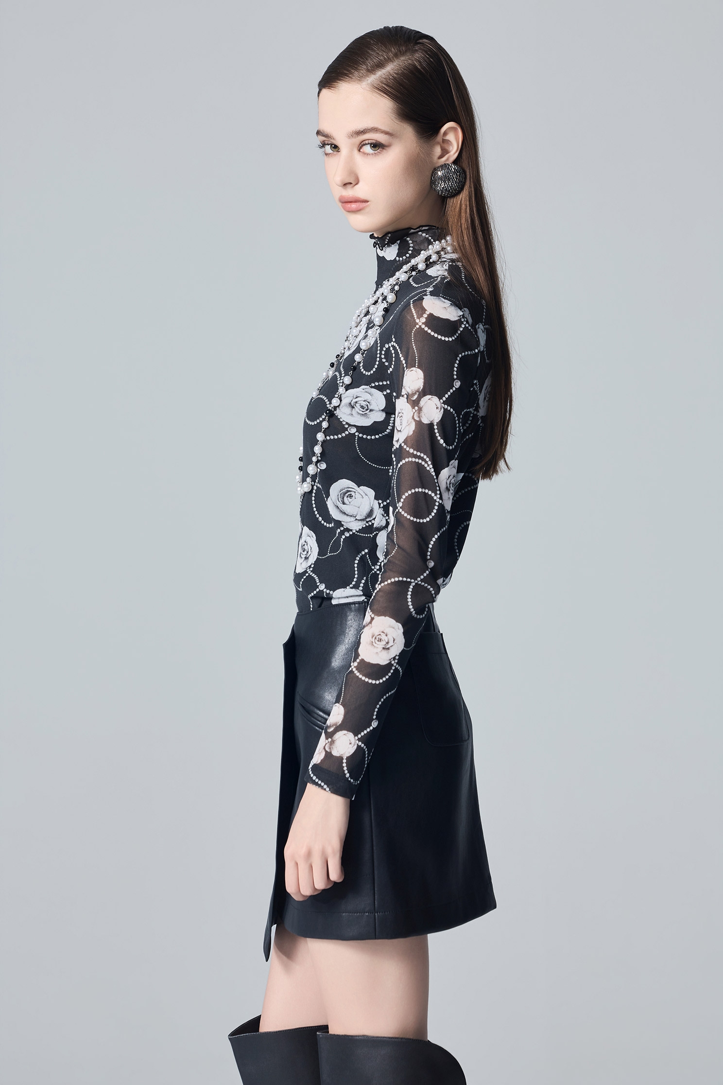 Rose Print Turtleneck Long Sleeve TopRose Print Turtleneck Long Sleeve Top,Tops,Under shirts,pearl,Season (AW) Look,Mesh tops