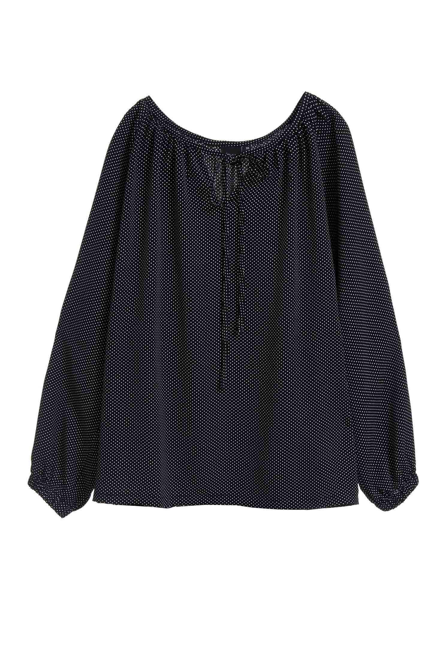 Dotted Oversize Long sleeve TopDot front collar strap long-sleeved top,V-Neck T shirts,Tops,Season (SS) Look,Season (AW) Look,Long sleeve tops,black tops