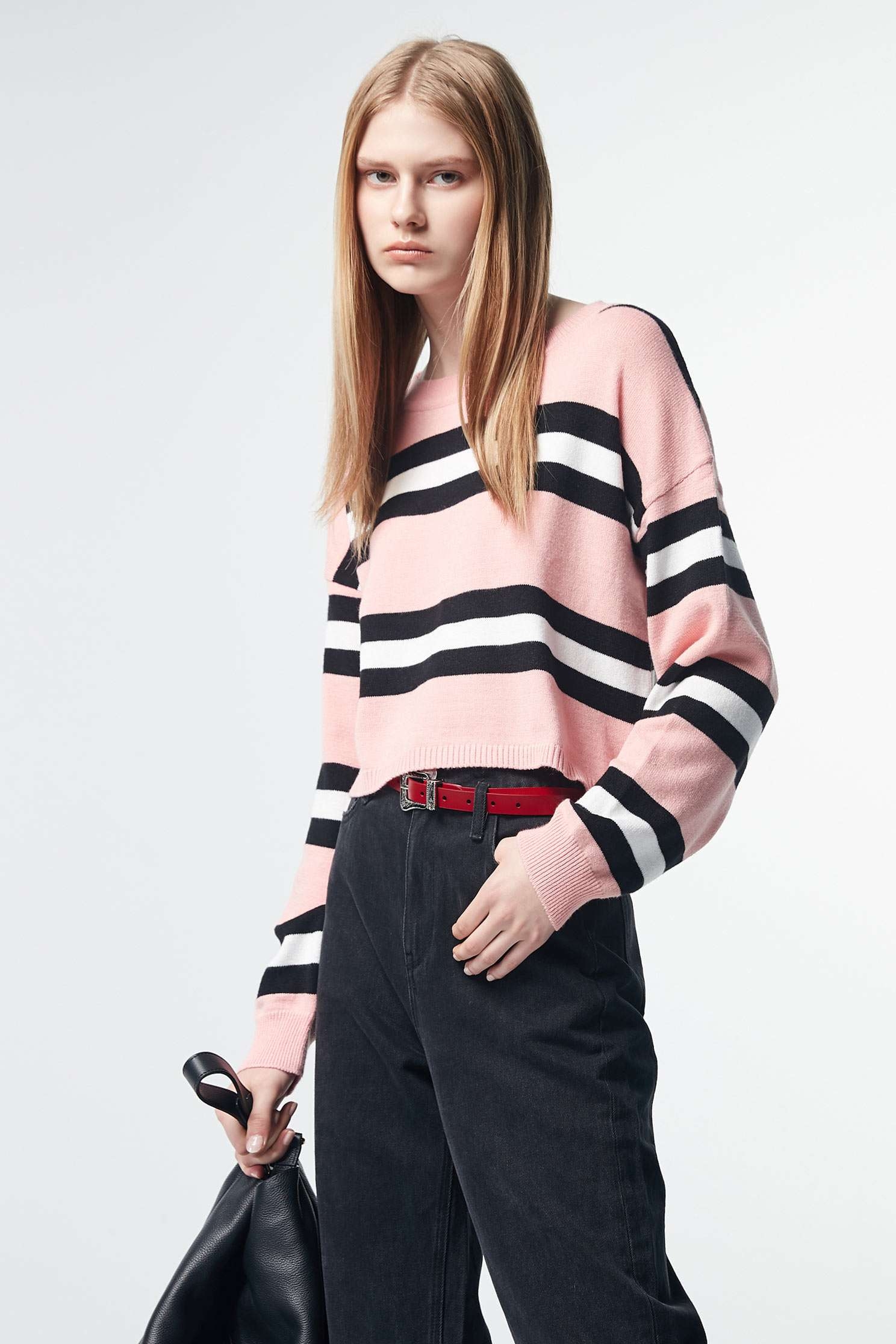 Contrast Stripe Knit TopRound-necked striped long-sleeved knit sweater,Tops,Rayon,Season (SS) Look,Stripe,Season (AW) Look,Pink,Knitted,Knitted tops,Knitted tops,Long sleeve tops