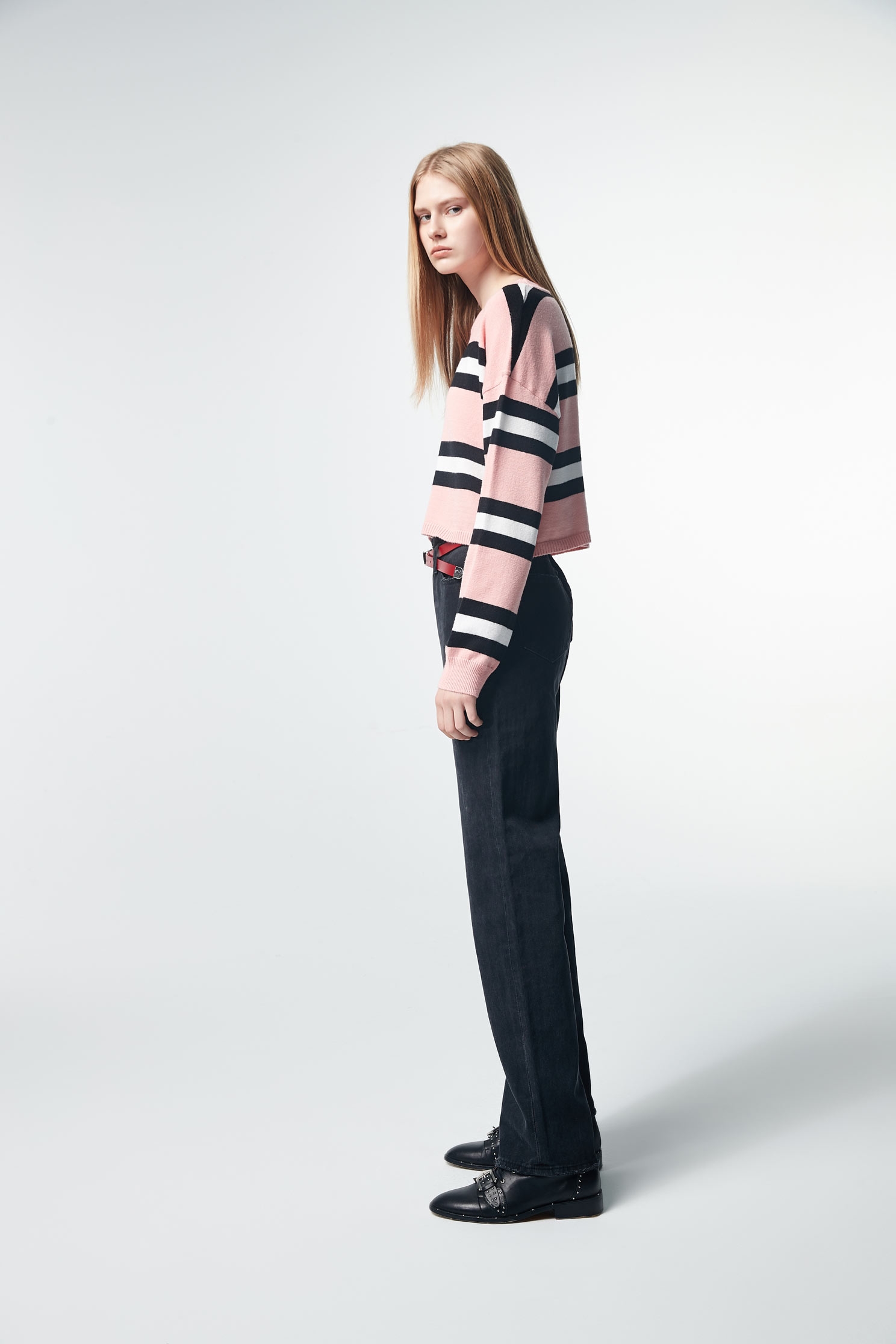 Contrast Stripe Knit TopRound-necked striped long-sleeved knit sweater,Tops,Rayon,Season (SS) Look,Stripe,Season (AW) Look,Pink,Knitted,Knitted tops,Knitted tops,Long sleeve tops