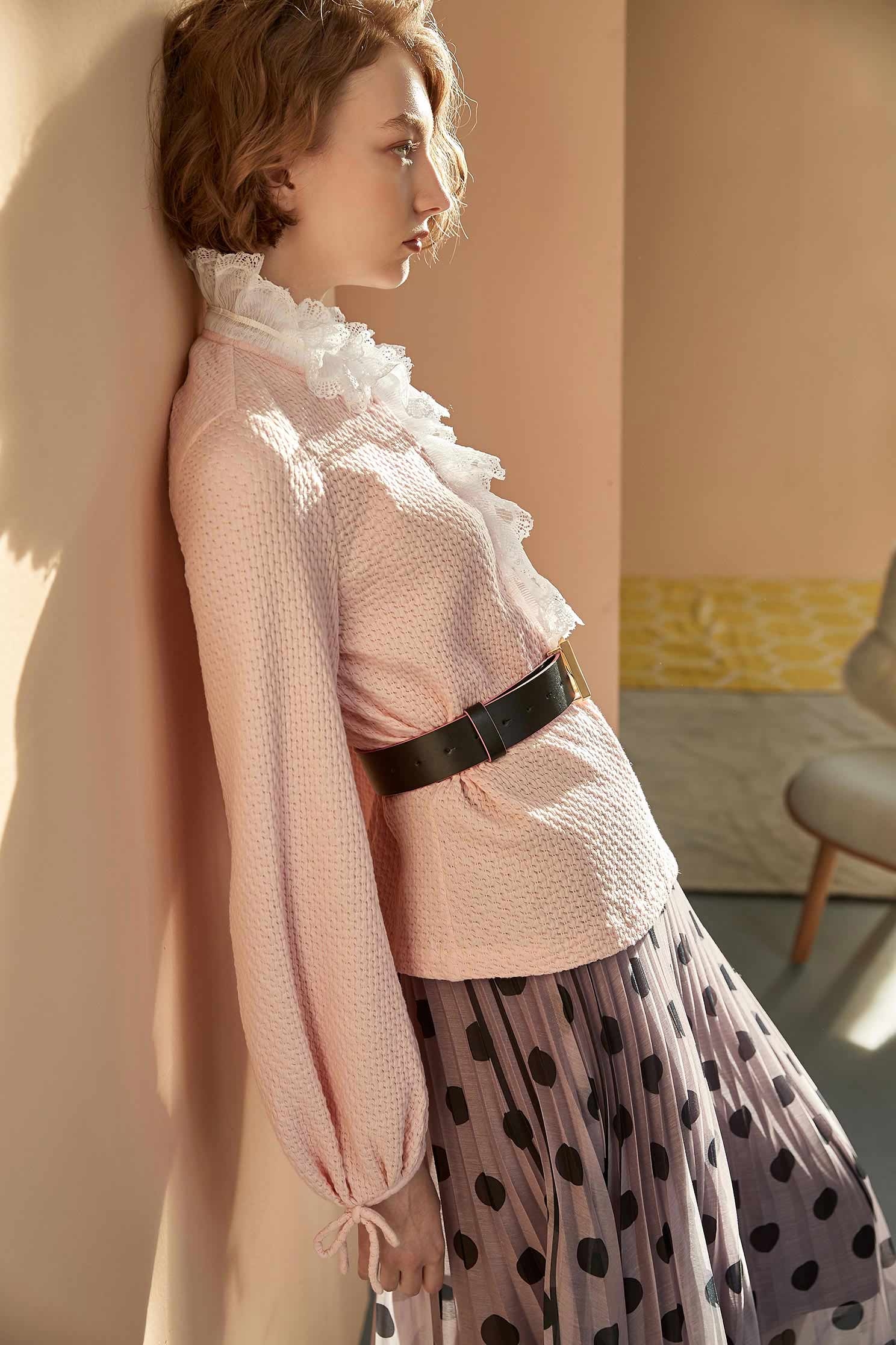 Textured top with ruffle trimsTextured top with ruffle trims,Tops,mothergift,Season (AW) Look,Pink,Lace