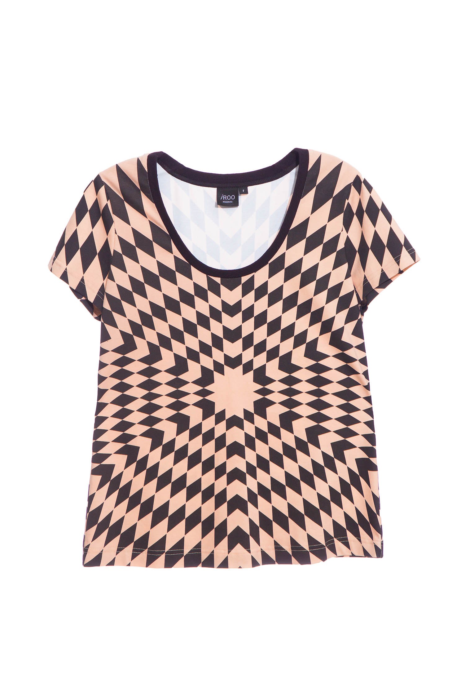 Hypnotic Spiral Pattern TeeKhaki T-shirt with kaleidoscope gingham check print,T-shirts,T-shirts,U-Neck T shirts,Tops,Season (AW) Look,Cotton