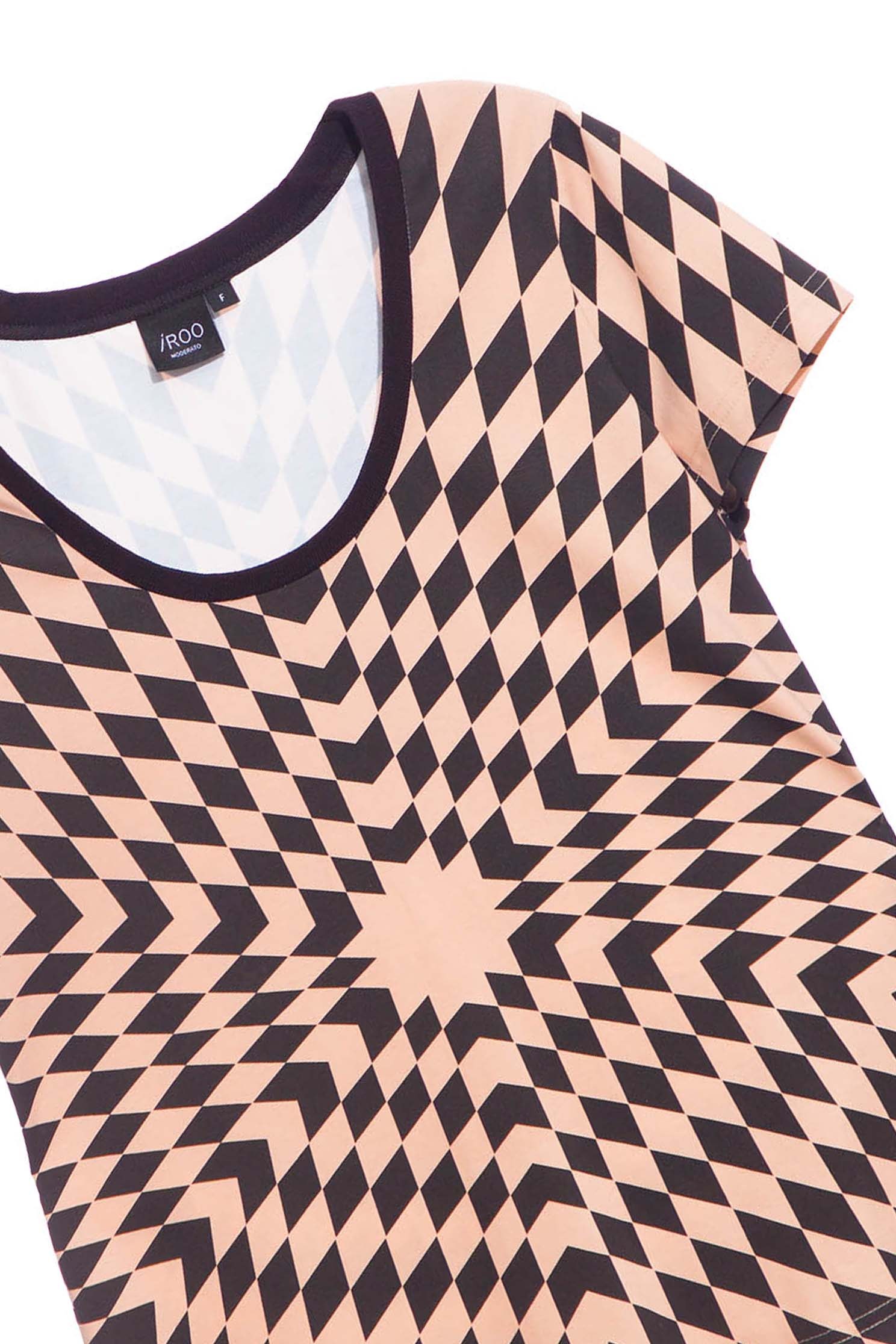 Hypnotic Spiral Pattern TeeKhaki T-shirt with kaleidoscope gingham check print,T-shirts,T-shirts,U-Neck T shirts,Tops,Season (AW) Look,Cotton