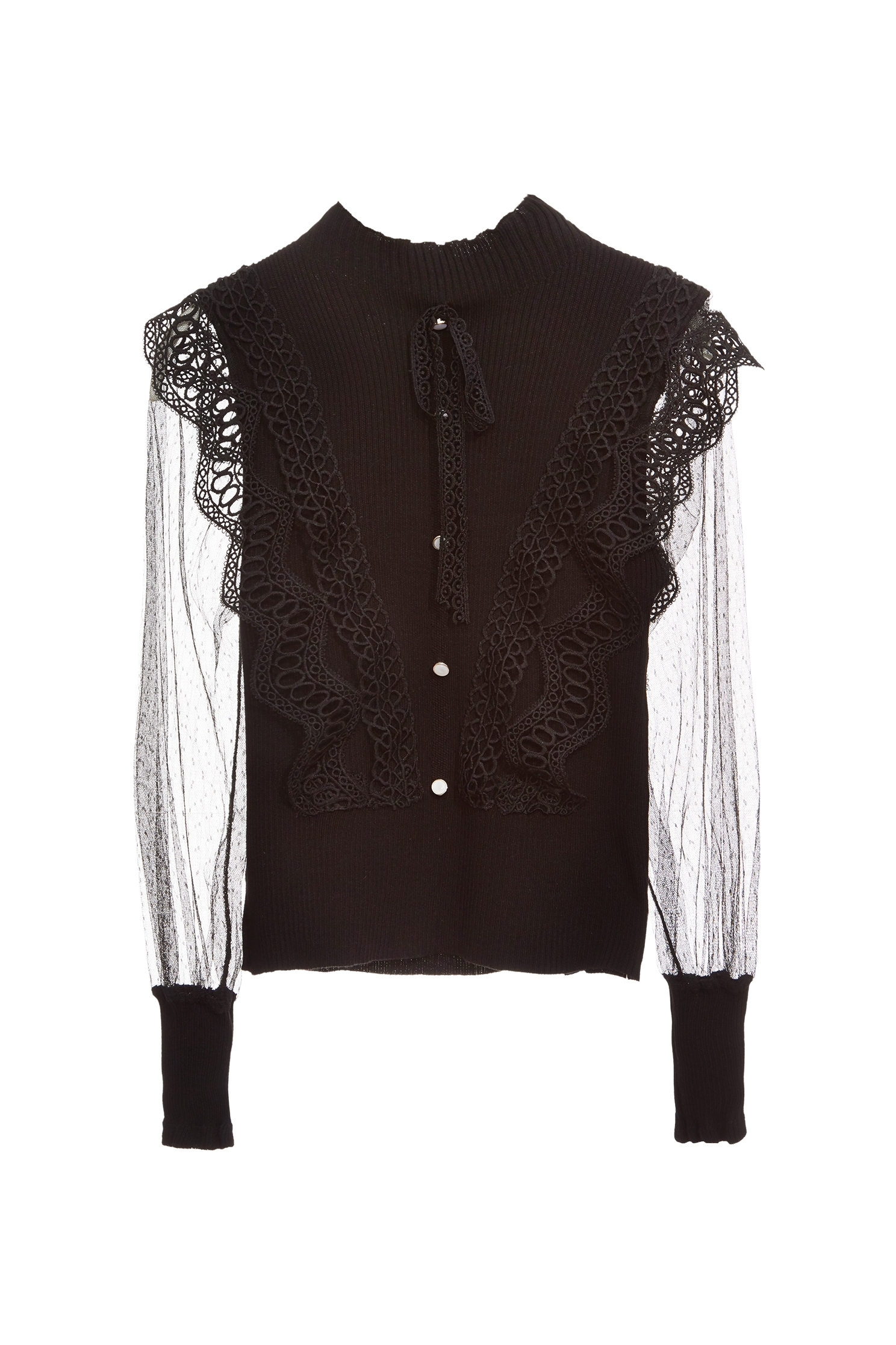 Lace Trim Detail Knit Top With Contrast Mesh SleeveLace Trim Detail Knit Top With Contrast Mesh Sleeve,Season (SS) Look,Lace,Knitted tops