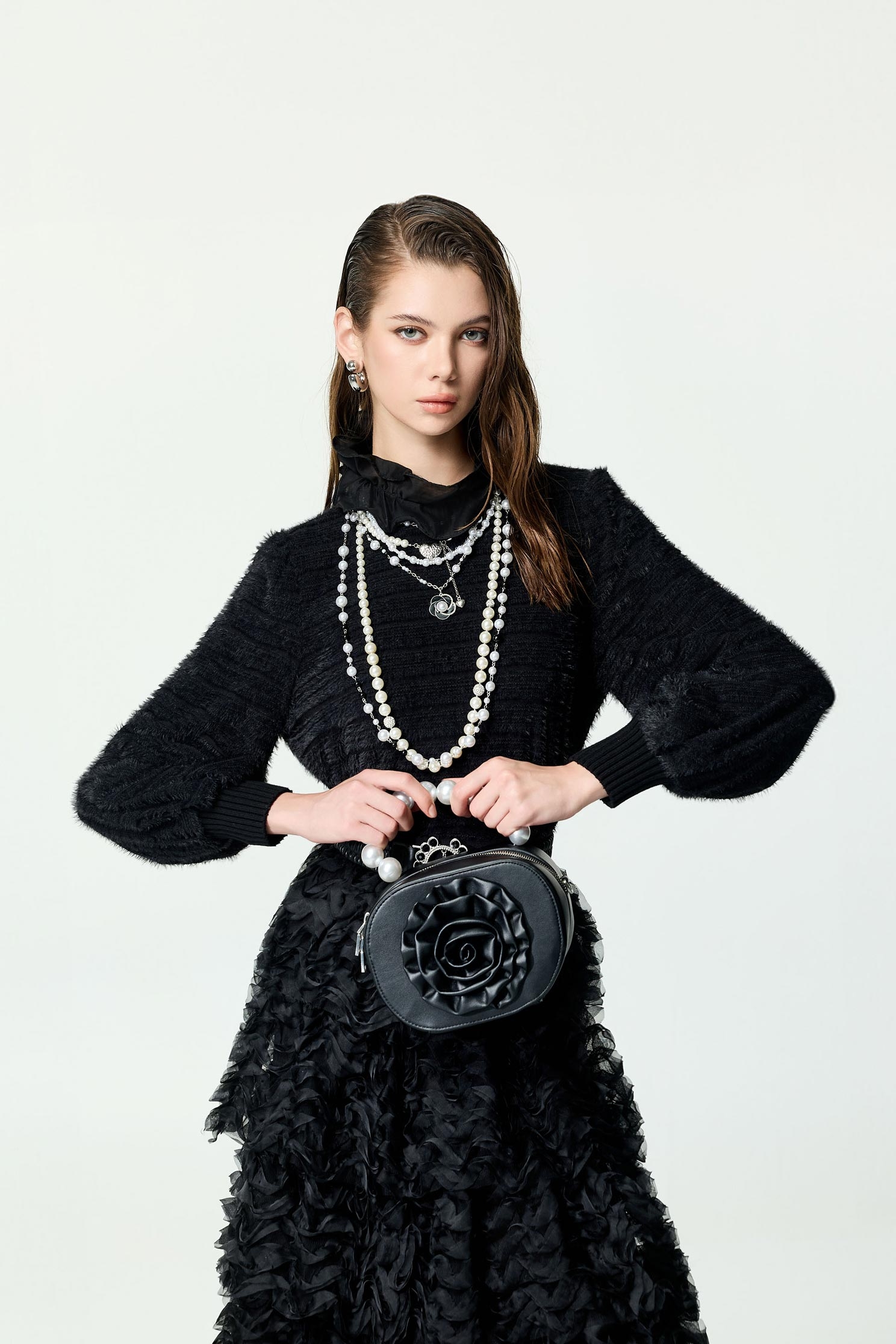 Ruffle Collar Long Sleeve Fringe Detail TopRuffle Collar Long Sleeve Fringe Detail Top,Tops,Season (AW) Look,Knitted,black tops