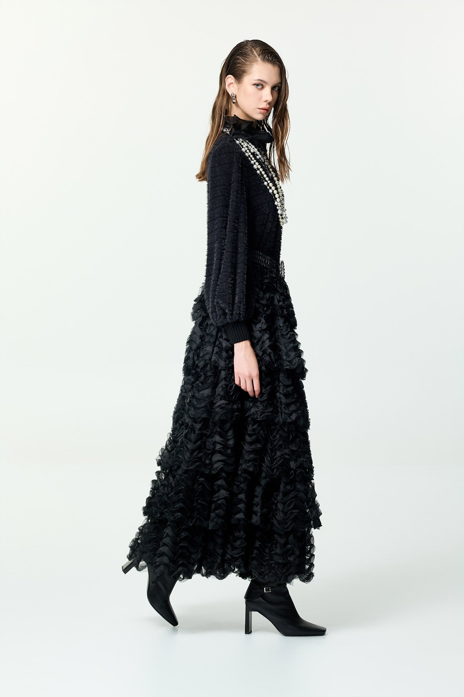 Ruffle Collar Long Sleeve Fringe Detail TopRuffle Collar Long Sleeve Fringe Detail Top,Tops,Season (AW) Look,Knitted,black tops