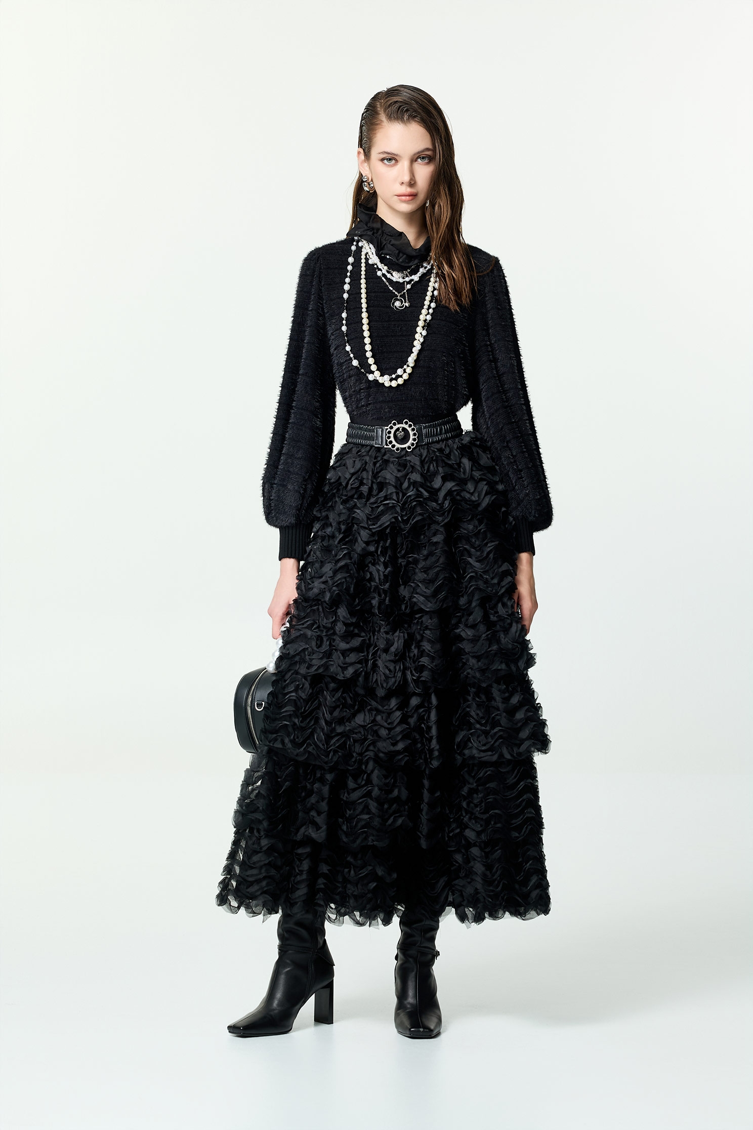 Ruffle Collar Long Sleeve Fringe Detail TopRuffle Collar Long Sleeve Fringe Detail Top,Tops,Season (AW) Look,Knitted,black tops