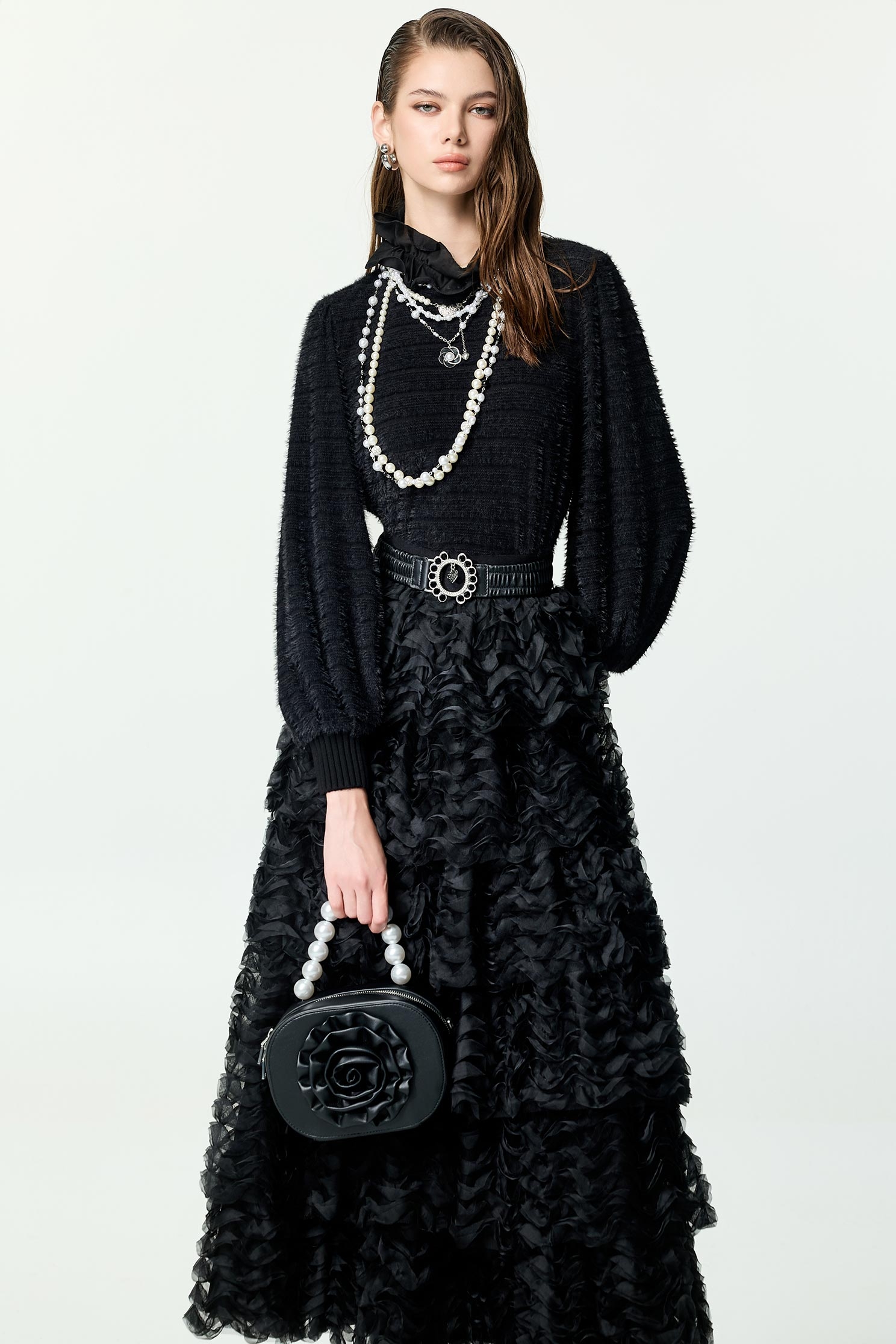 Ruffle Collar Long Sleeve Fringe Detail TopRuffle Collar Long Sleeve Fringe Detail Top,Tops,Season (AW) Look,Knitted,black tops