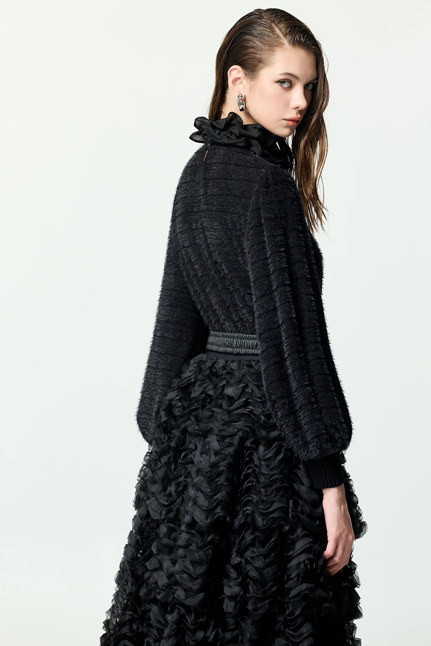 Ruffle Collar Long Sleeve Fringe Detail TopRuffle Collar Long Sleeve Fringe Detail Top,Tops,Season (AW) Look,Knitted,black tops