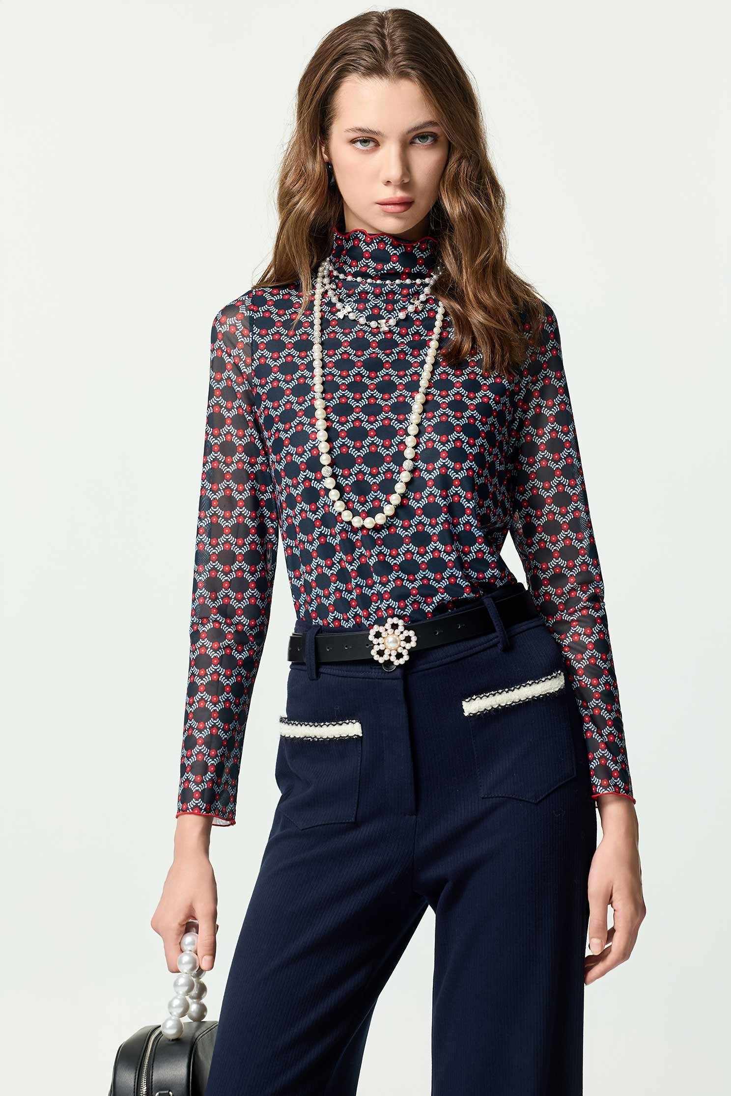 Geometric Motif Print Long Sleeve TopGeometric Motif Print Long Sleeve Top,Tops,Embroidered,Season (AW) Look