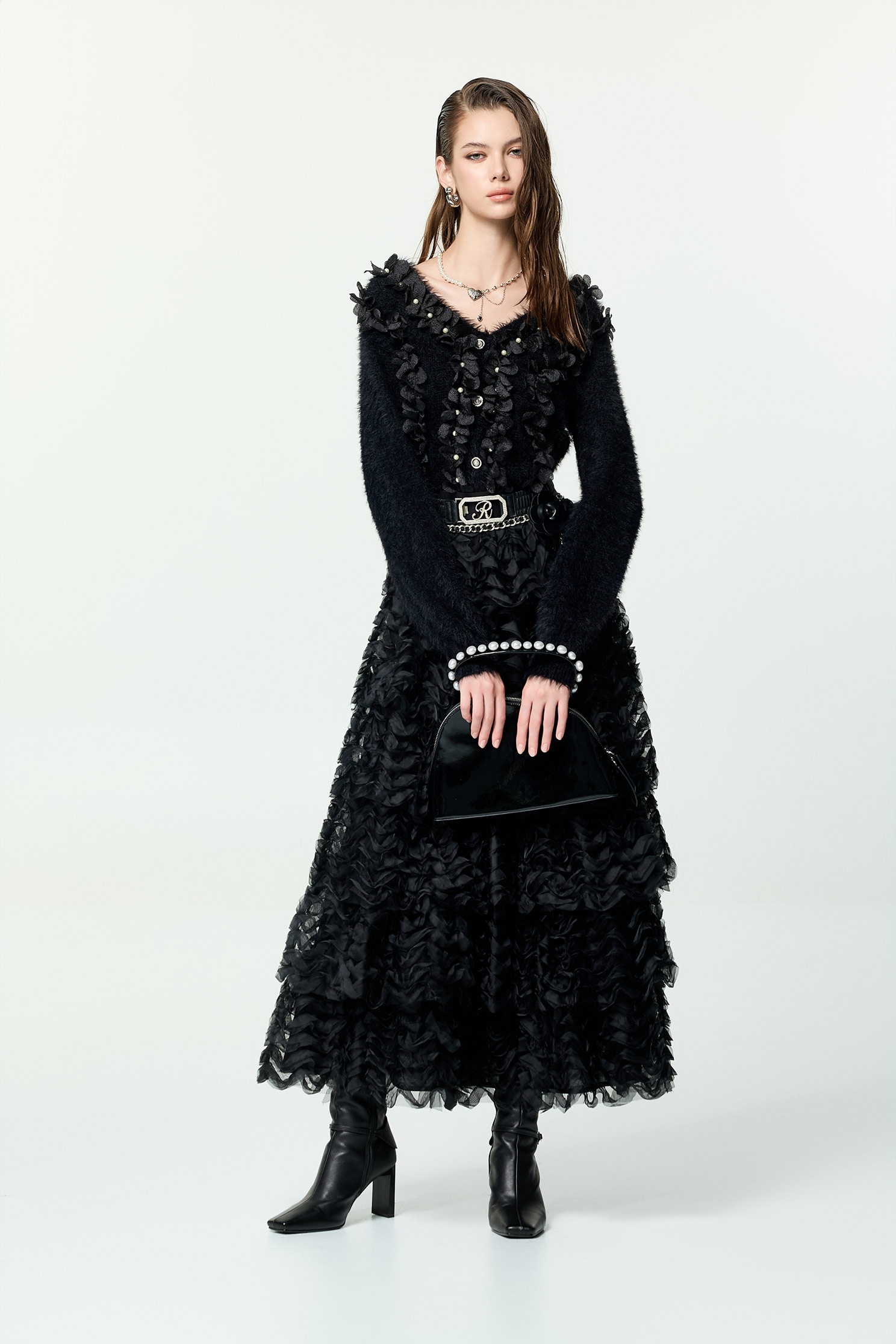 3-D Floral Detail Faux Fur Knit Top3-D Floral Detail Faux Fur Knit Top,Tops,pearl,Season (AW) Look,Knitted,Knitted tops,black tops