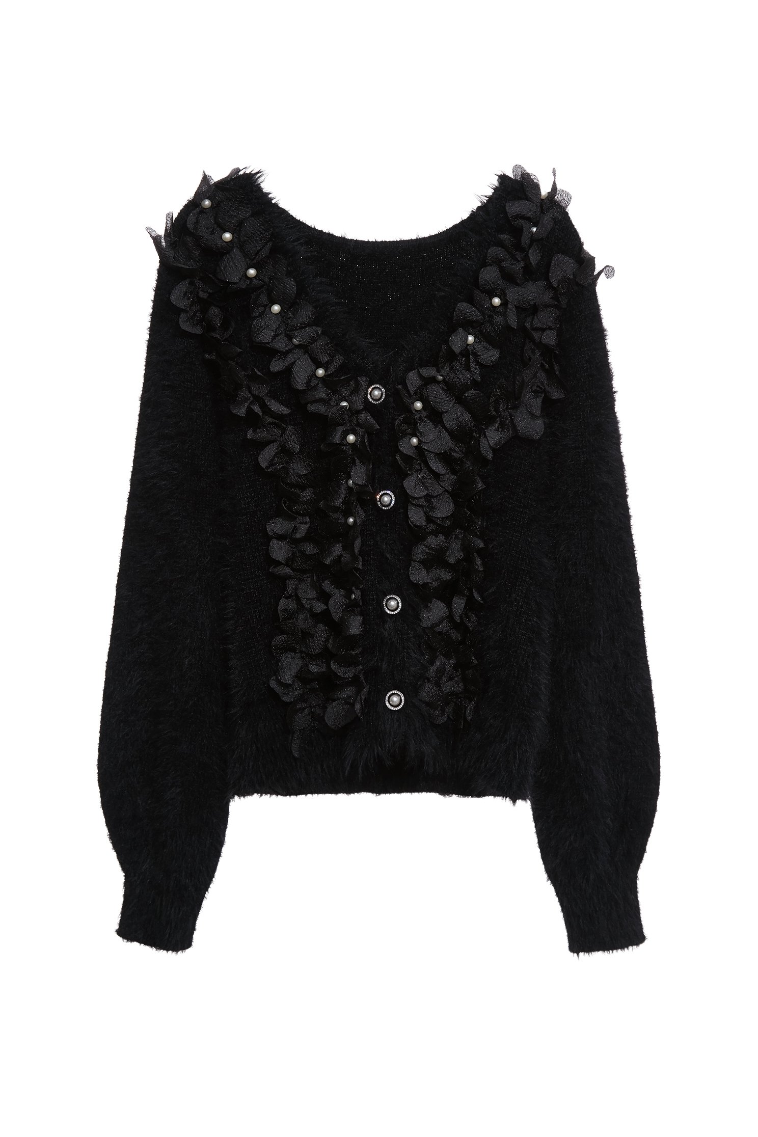 3-D Floral Detail Faux Fur Knit Top3-D Floral Detail Faux Fur Knit Top,Tops,pearl,Season (AW) Look,Knitted,Knitted tops,black tops