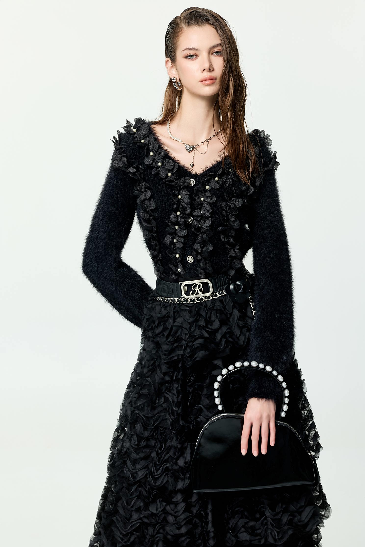 3-D Floral Detail Faux Fur Knit Top3-D Floral Detail Faux Fur Knit Top,Tops,pearl,Season (AW) Look,Knitted,Knitted tops,black tops