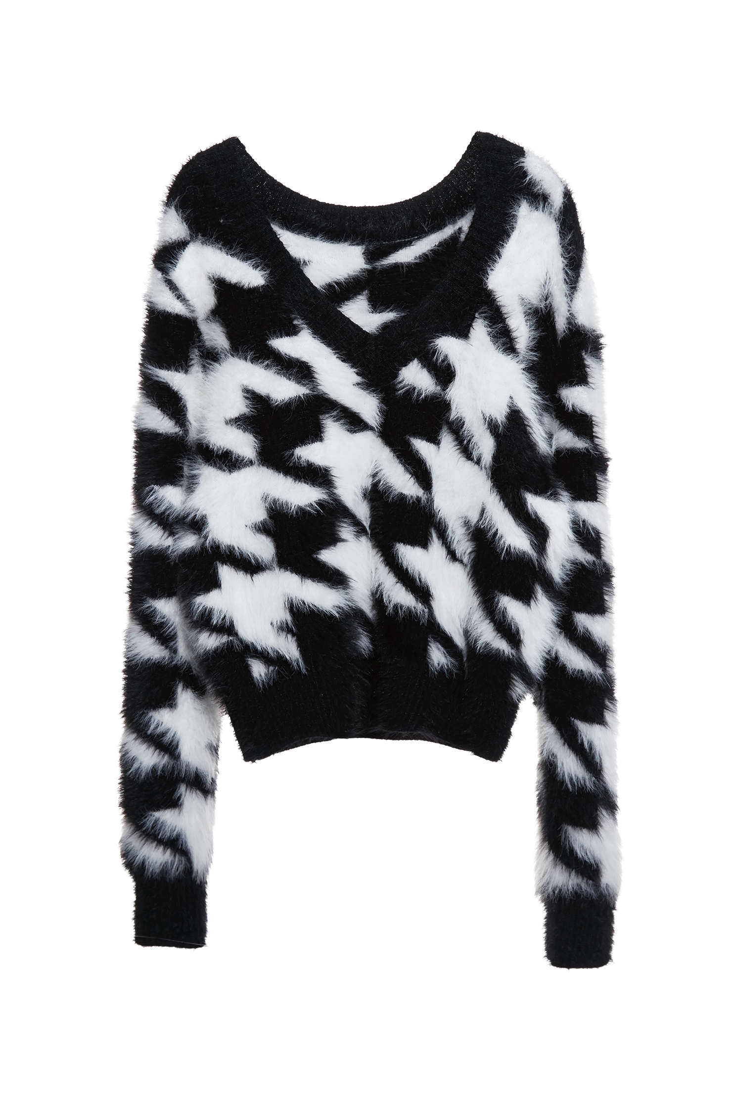 V-neck Houndstooth Faux Fur Knit TopV-neck Houndstooth Faux Fur Knit Top,Tops,Season (AW) Look,Knitted,Knitted tops