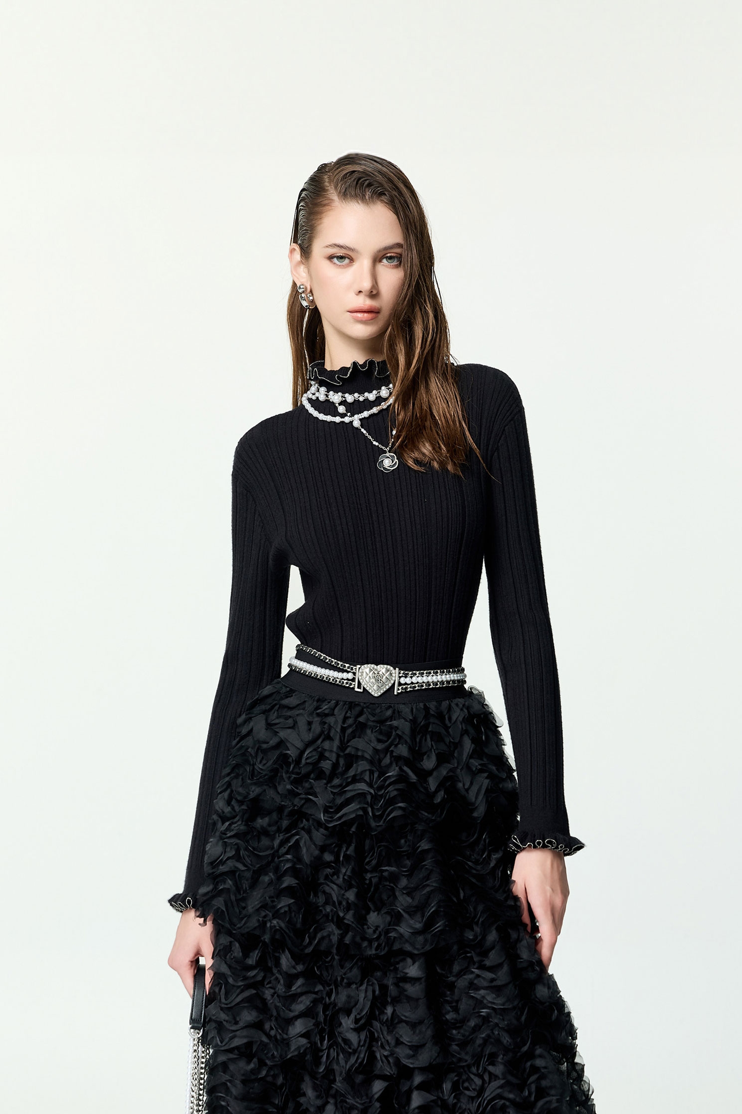 Ruffle Collar Fitted Long Sleeve Knit TopRuffle Collar Fitted Long Sleeve Knit Top,Tops,Season (AW) Look,Knitted,Knitted tops,black tops