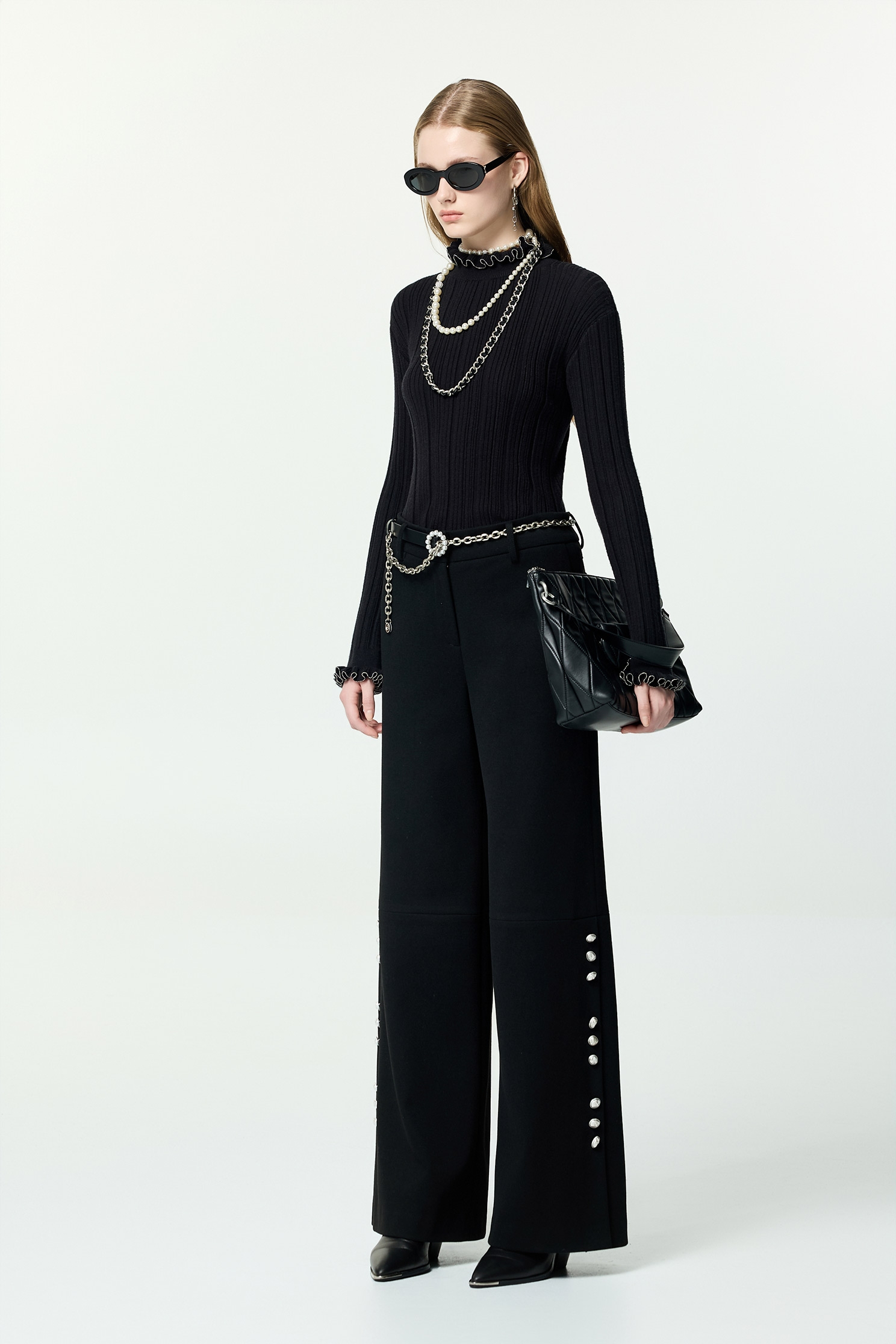 Ruffle Collar Fitted Long Sleeve Knit TopRuffle Collar Fitted Long Sleeve Knit Top,Tops,Season (AW) Look,Knitted,Knitted tops,black tops