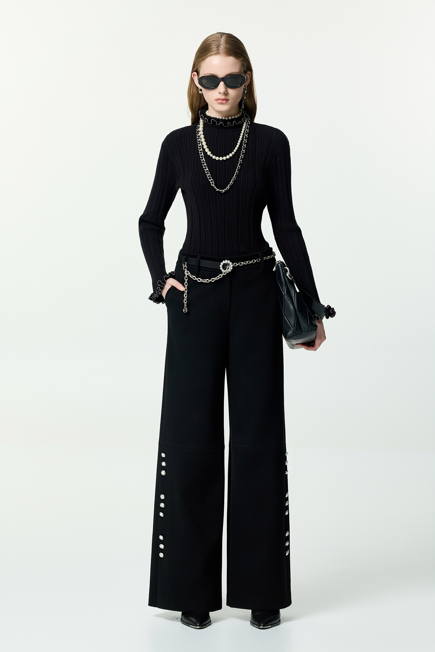 Ruffle Collar Fitted Long Sleeve Knit TopRuffle Collar Fitted Long Sleeve Knit Top,Tops,Season (AW) Look,Knitted,Knitted tops,black tops