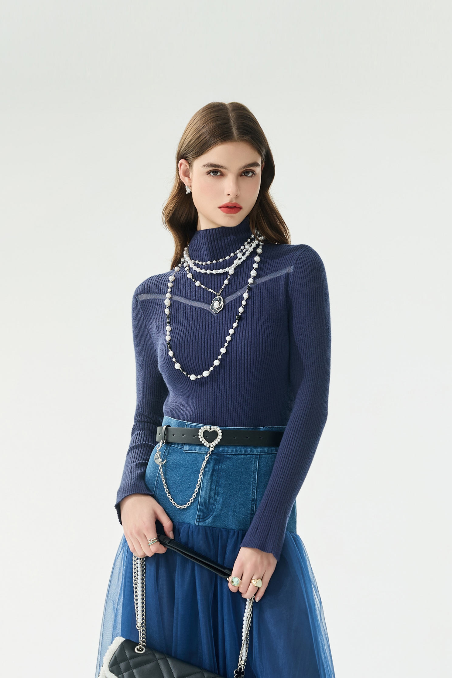 Turtleneck Navy Fitted Knit TopTurtleneck Navy Fitted Knit Top,Office Looks,Tops,Under shirts,Season (AW) Look,Valentine,Knitted,Knitted tops,Knitted tops