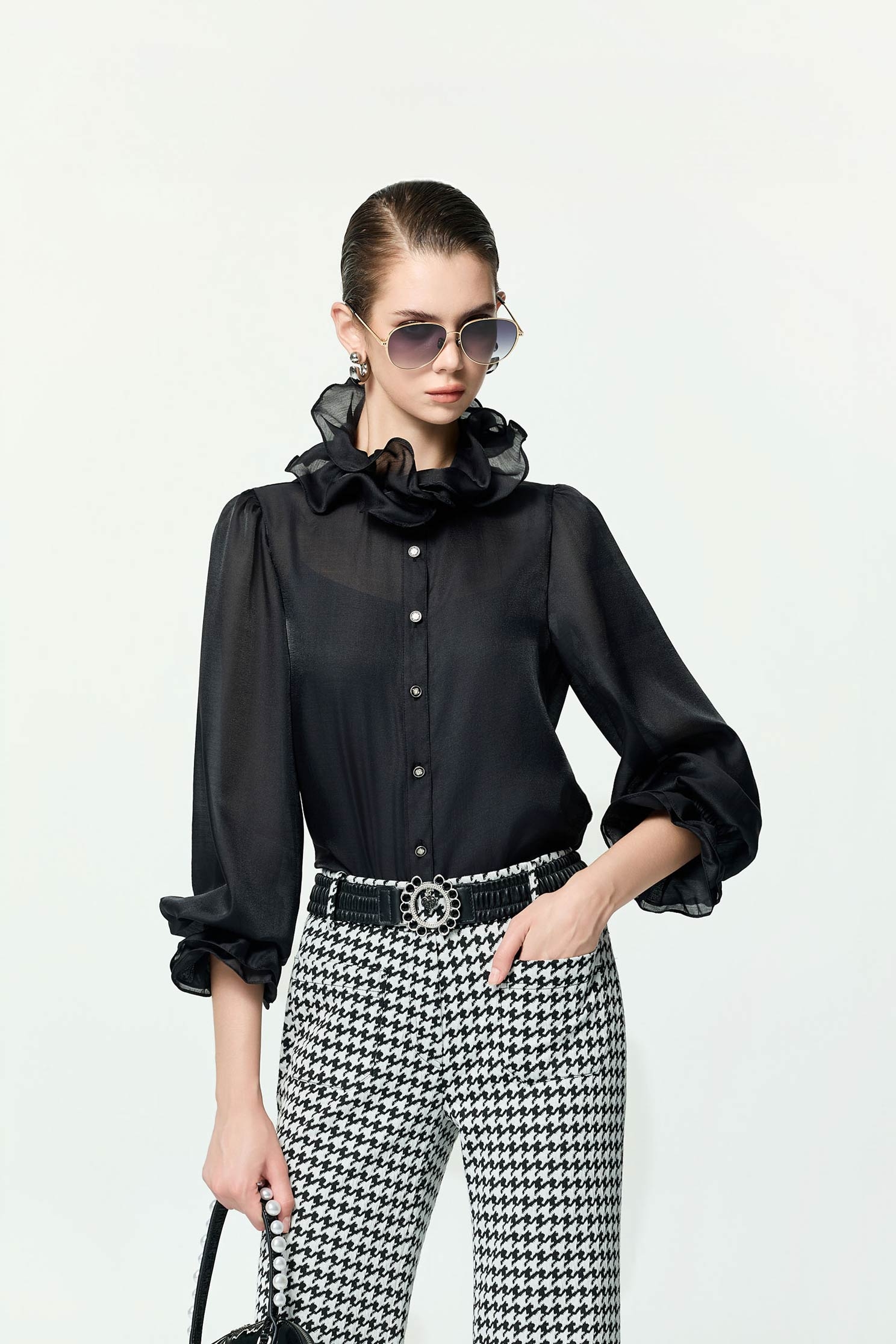 Front Button Ruffle Collar BlouseFront Button Ruffle Collar Blouse,Tops,Under shirts,Season (AW) Look,black tops