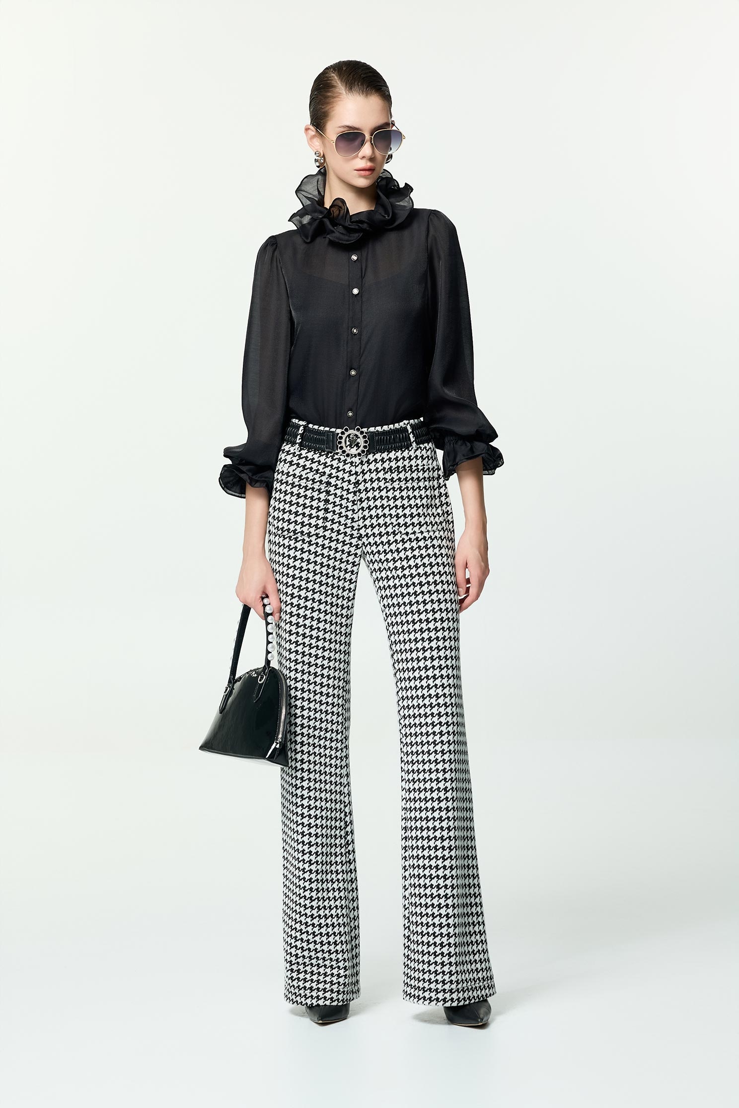 Front Button Ruffle Collar BlouseFront Button Ruffle Collar Blouse,Tops,Under shirts,Season (AW) Look,black tops