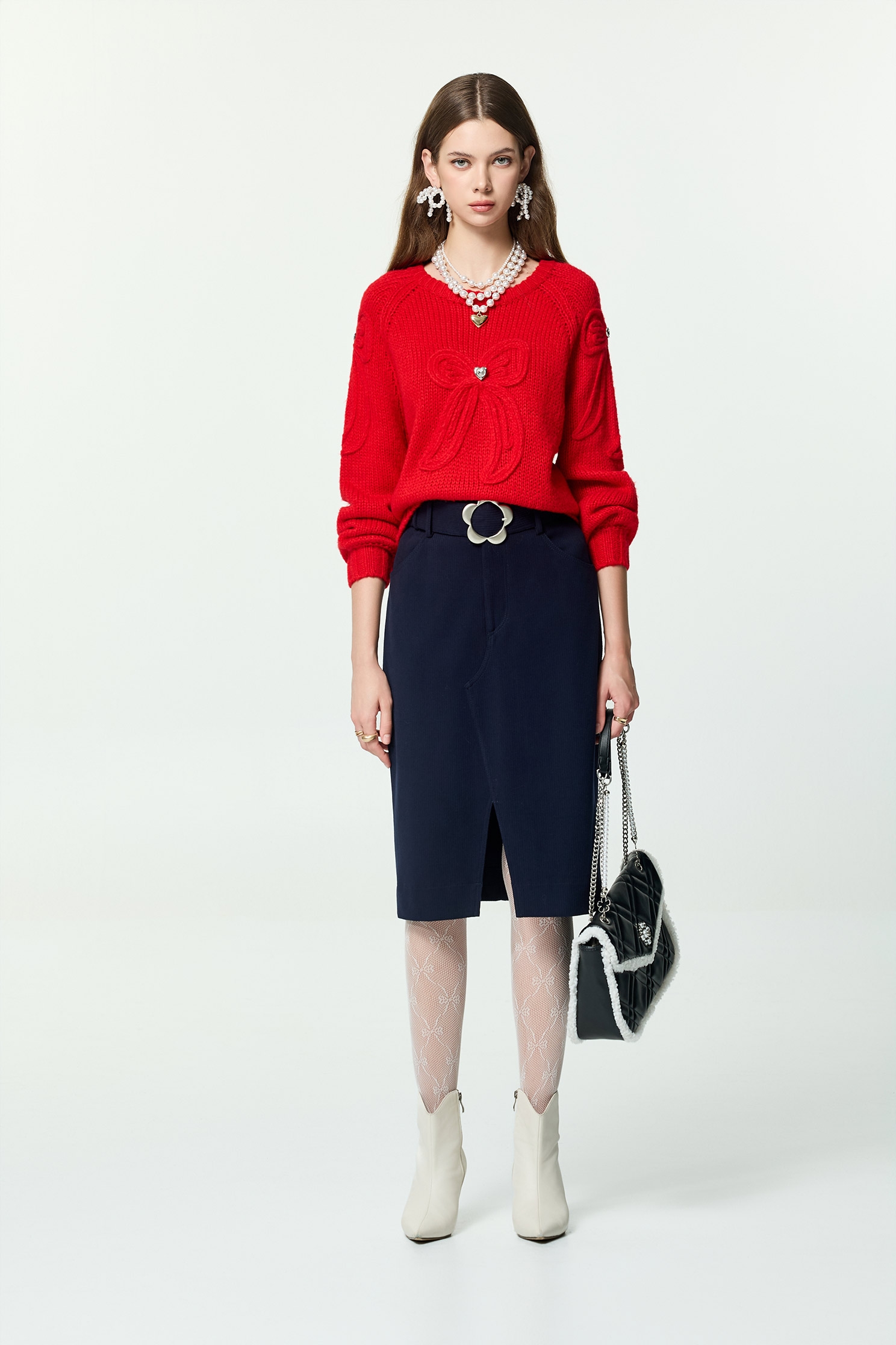 Bow Motif Raglan Sleeve Knit TopBow Motif Raglan Sleeve Knit Top,Tops,Season (AW) Look,Valentine,bows,Knitted,Knitted tops,Knitted tops