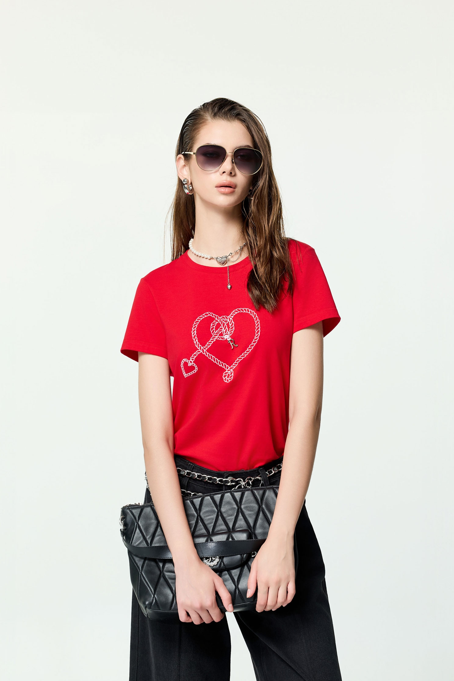 Heart Motif Embroidery Short Sleeve TeeHeart Motif Embroidery Short Sleeve Tee,Tops,Embroidered,Season (AW) Look,Cotton,black tops