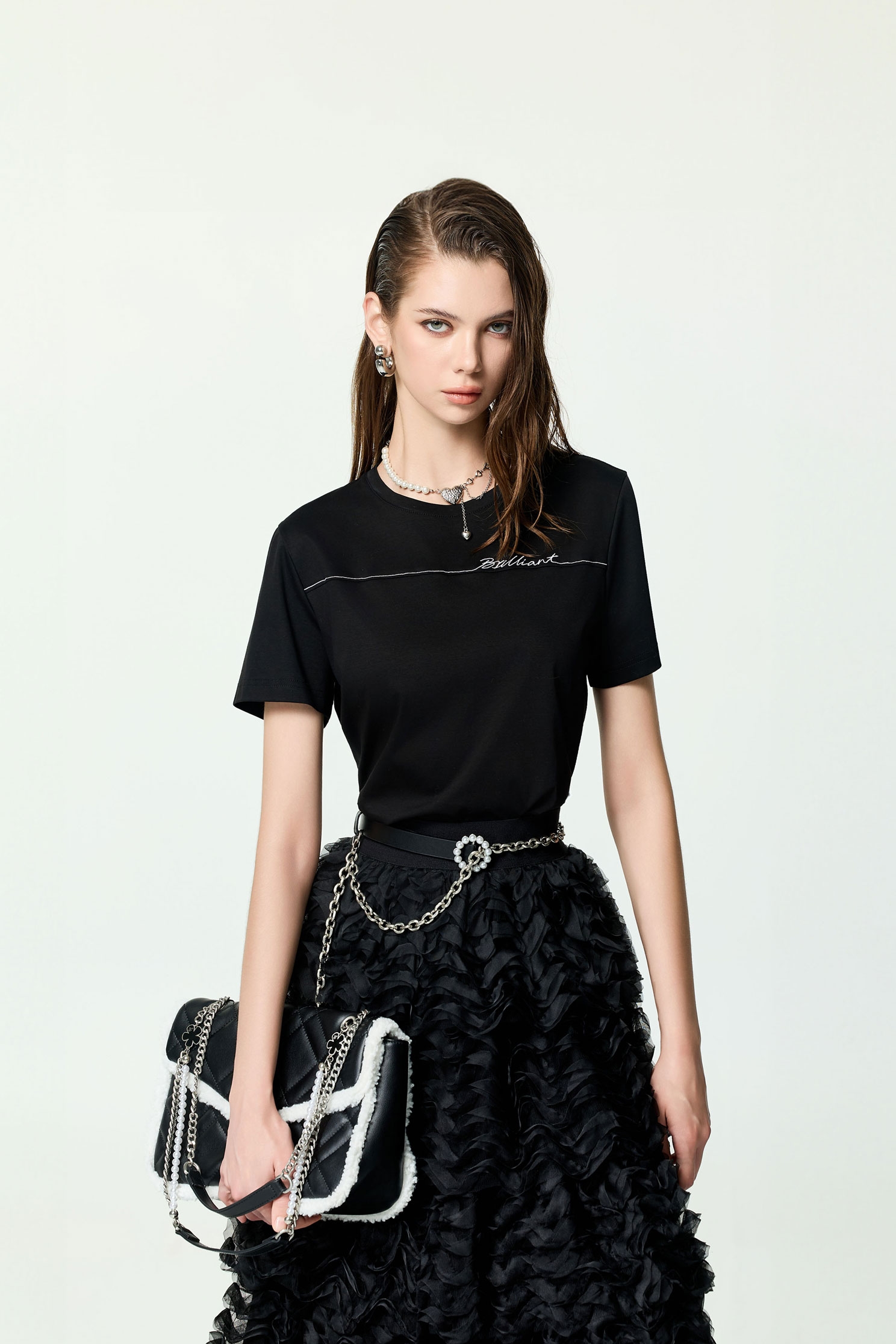 Front Slogan Embroidery Short Sleeve TeeFront Slogan Embroidery Short Sleeve Tee,Tops,Season (AW) Look,Cotton,Embroidered,black tops