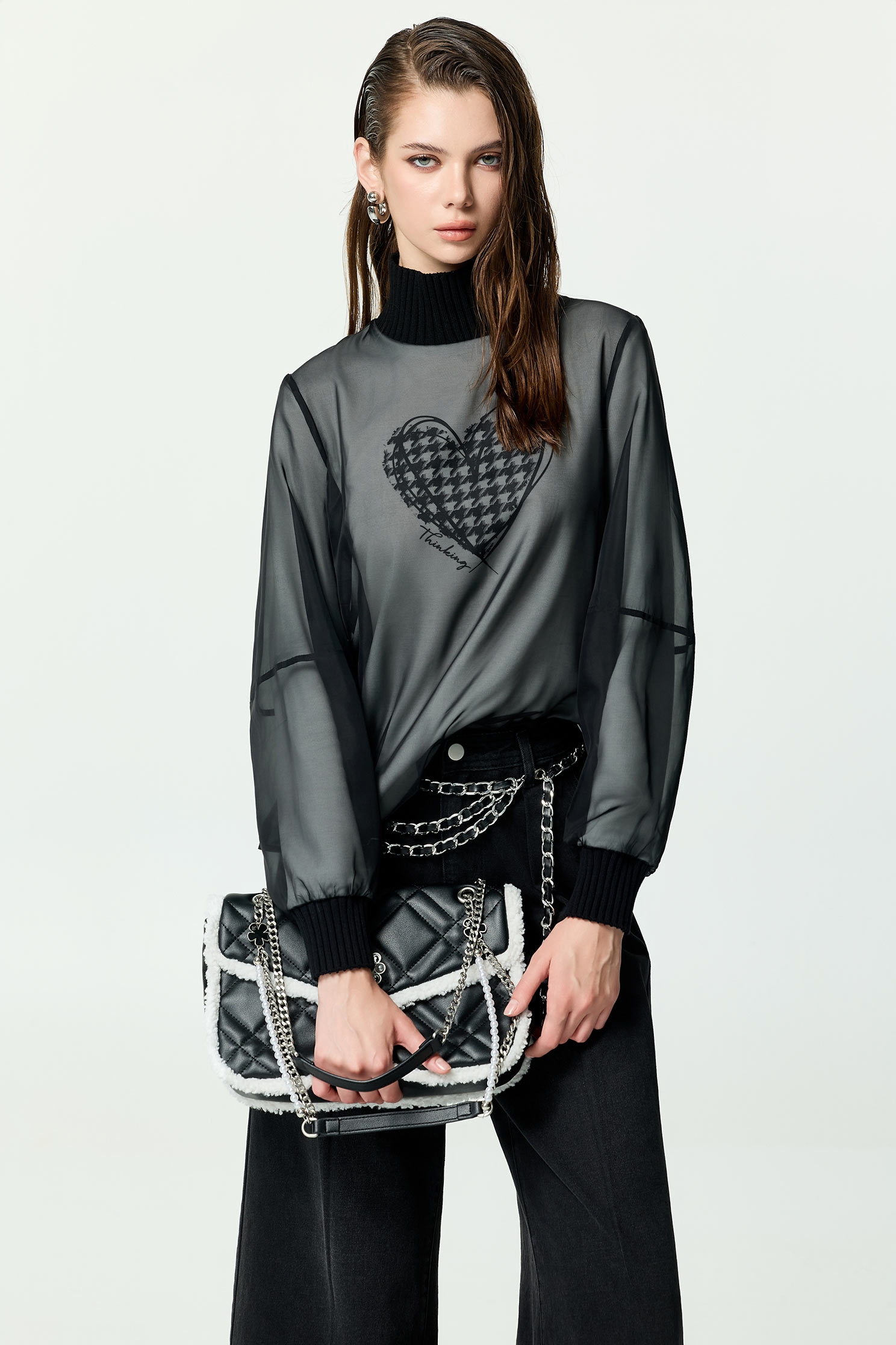 Heart Motif Print Turtleneck TopHeart Motif Print Turtleneck Top,Tops,Season (AW) Look,black tops