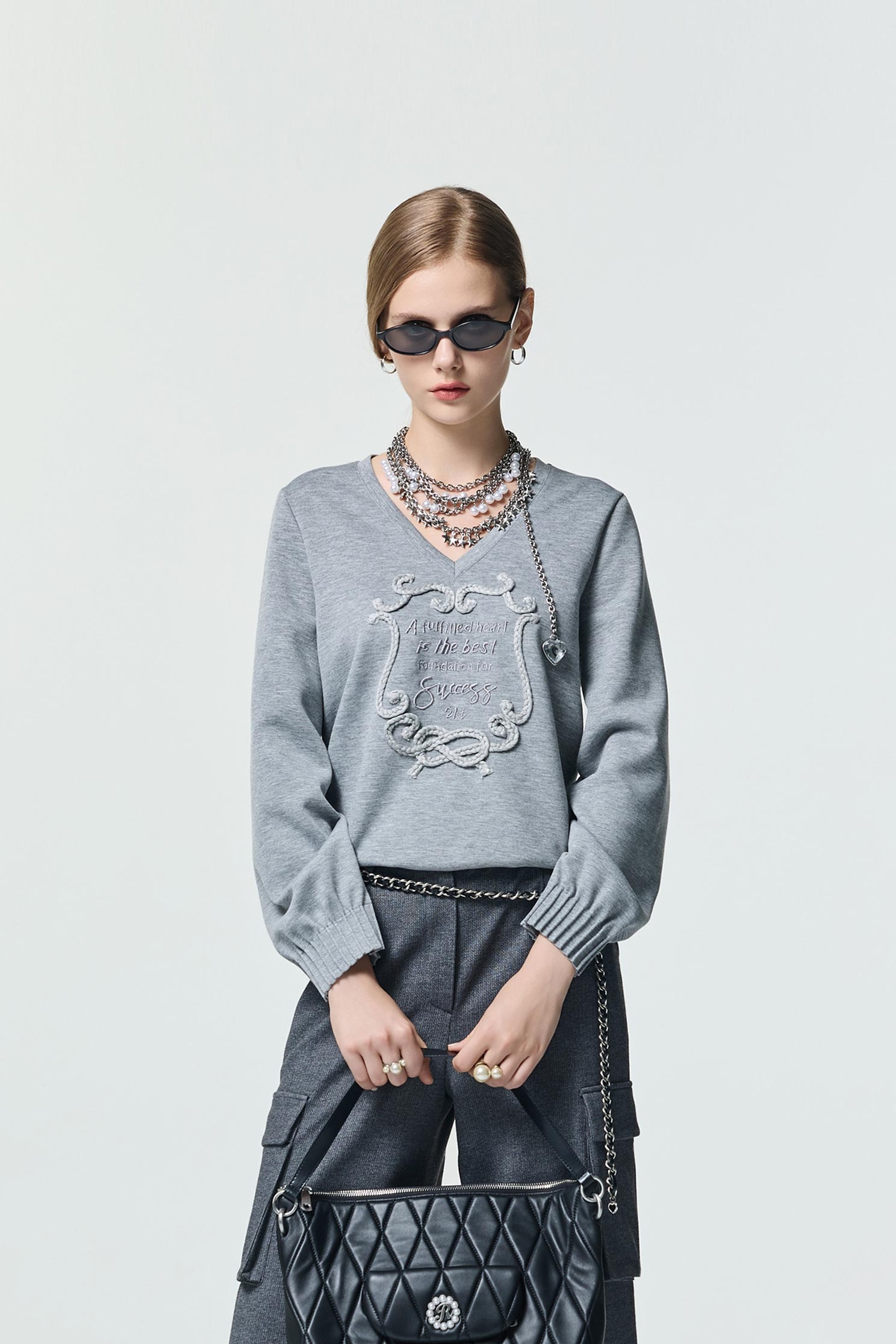 Pleated Sleeve Cuff Detail Grey TopPleated Sleeve Cuff Detail Grey Top,Tops,Embroidered,Season (AW) Look