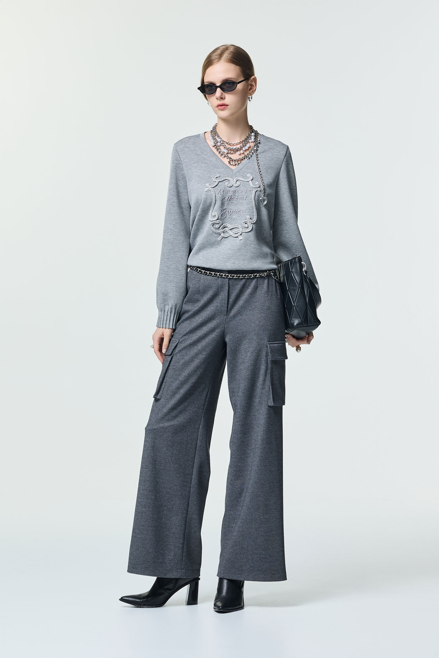 Pleated Sleeve Cuff Detail Grey TopPleated Sleeve Cuff Detail Grey Top,Tops,Embroidered,Season (AW) Look