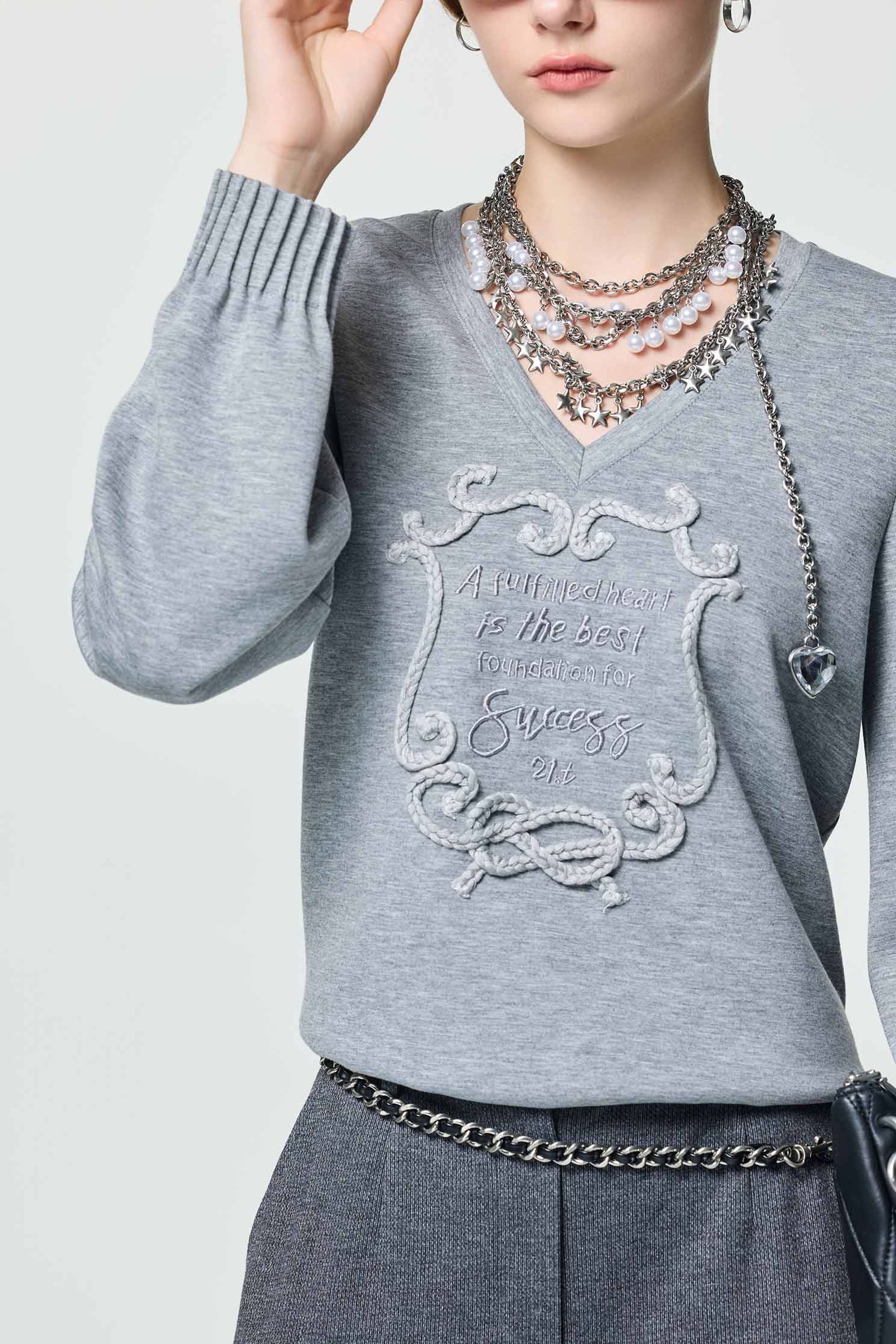 Pleated Sleeve Cuff Detail Grey TopPleated Sleeve Cuff Detail Grey Top,Tops,Embroidered,Season (AW) Look