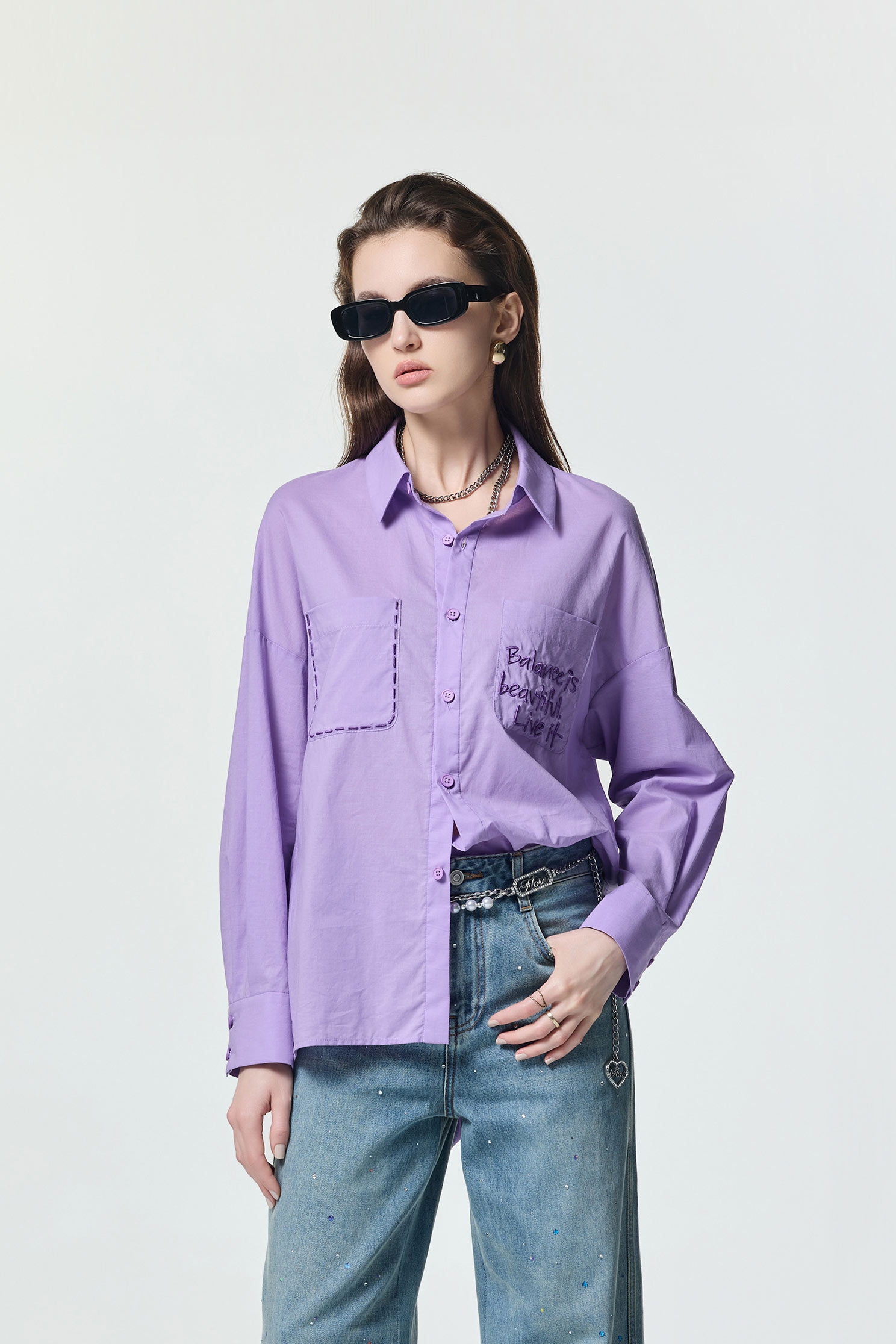Patch Pocket Lavender BlousePatch Pocket Lavender Blouse,Tops,Embroidered,Season (AW) Look,Blouses