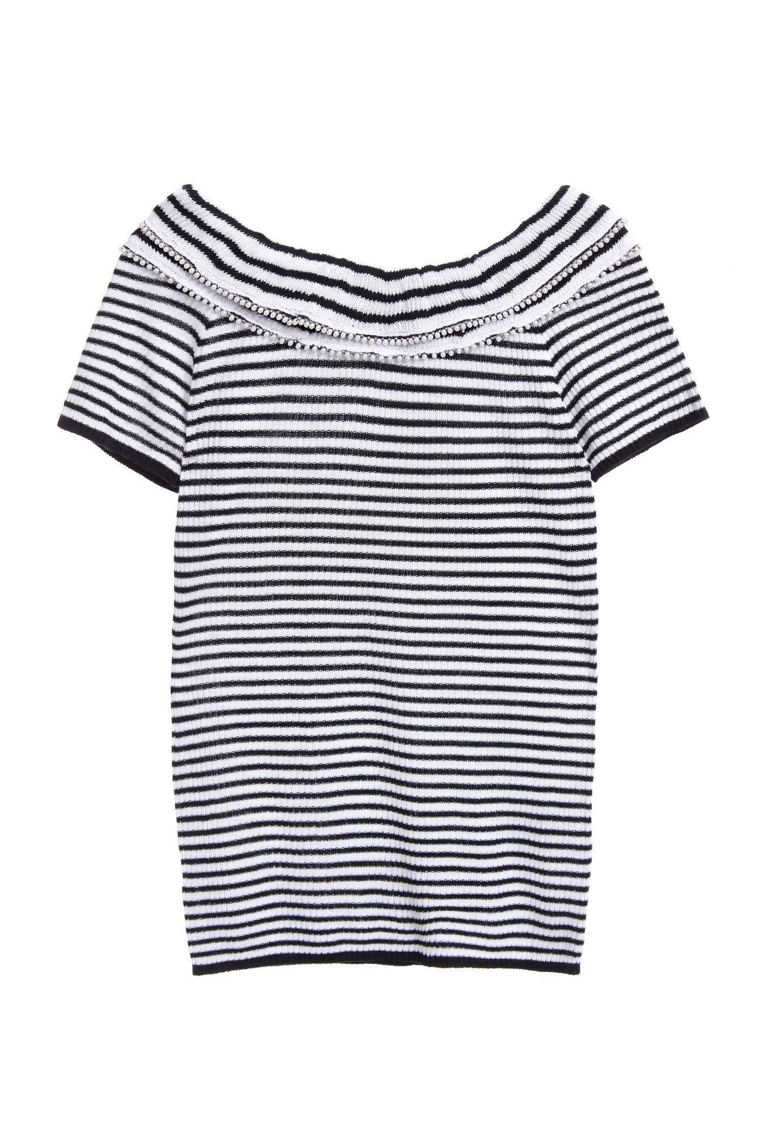 Stripe Knit TopFine-striped lotus-collar knit sweater,Lucky Color for Earth Signs,Rayon,Season (SS) Look,Stripe,pearl,Season (AW) Look,Knitted,Knitted tops,Knitted tops