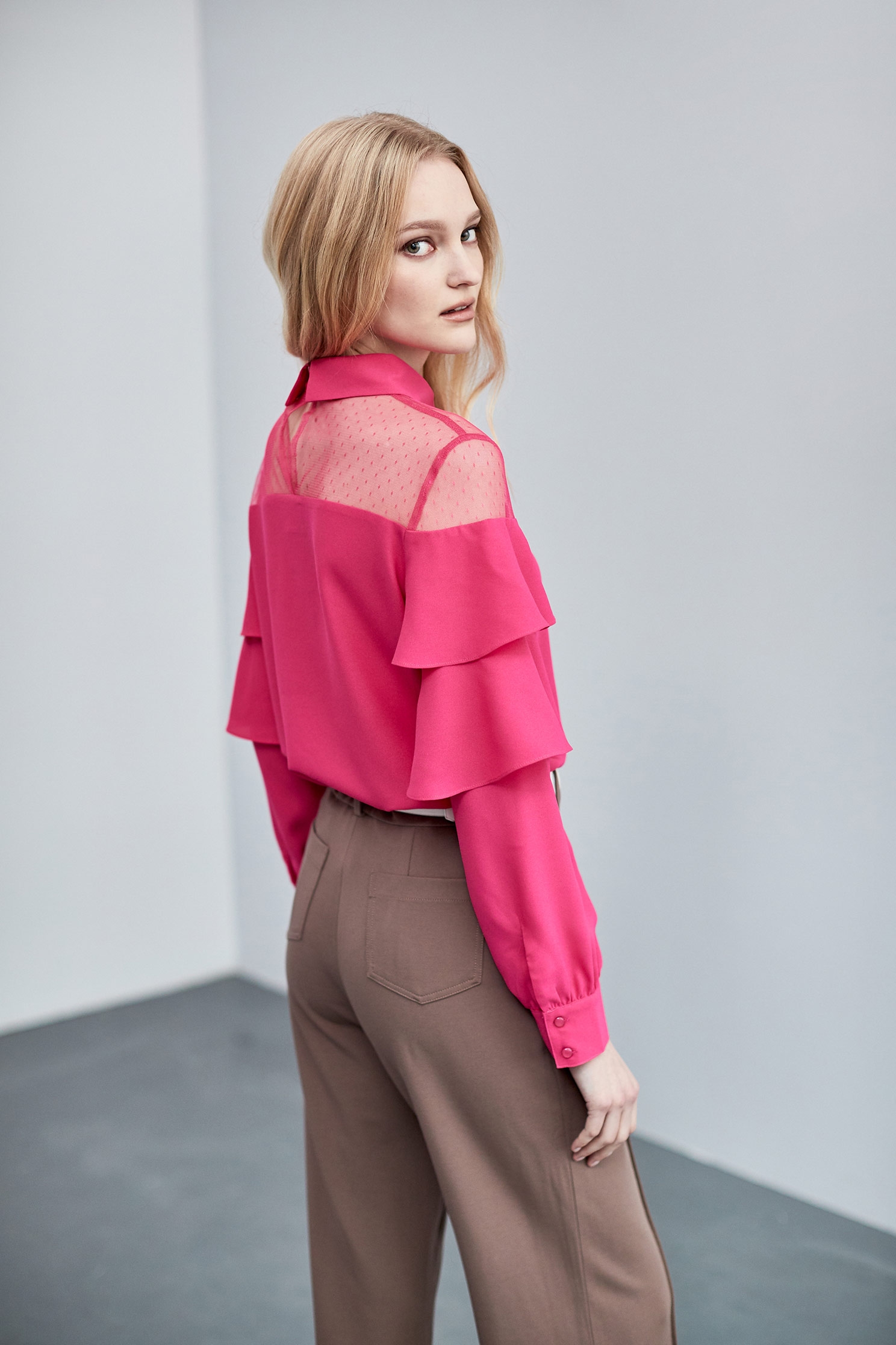 Half Yoke Mesh Chiffon TopHalf Yoke Mesh Chiffon Top,Tops,Season (AW) Look,Lace