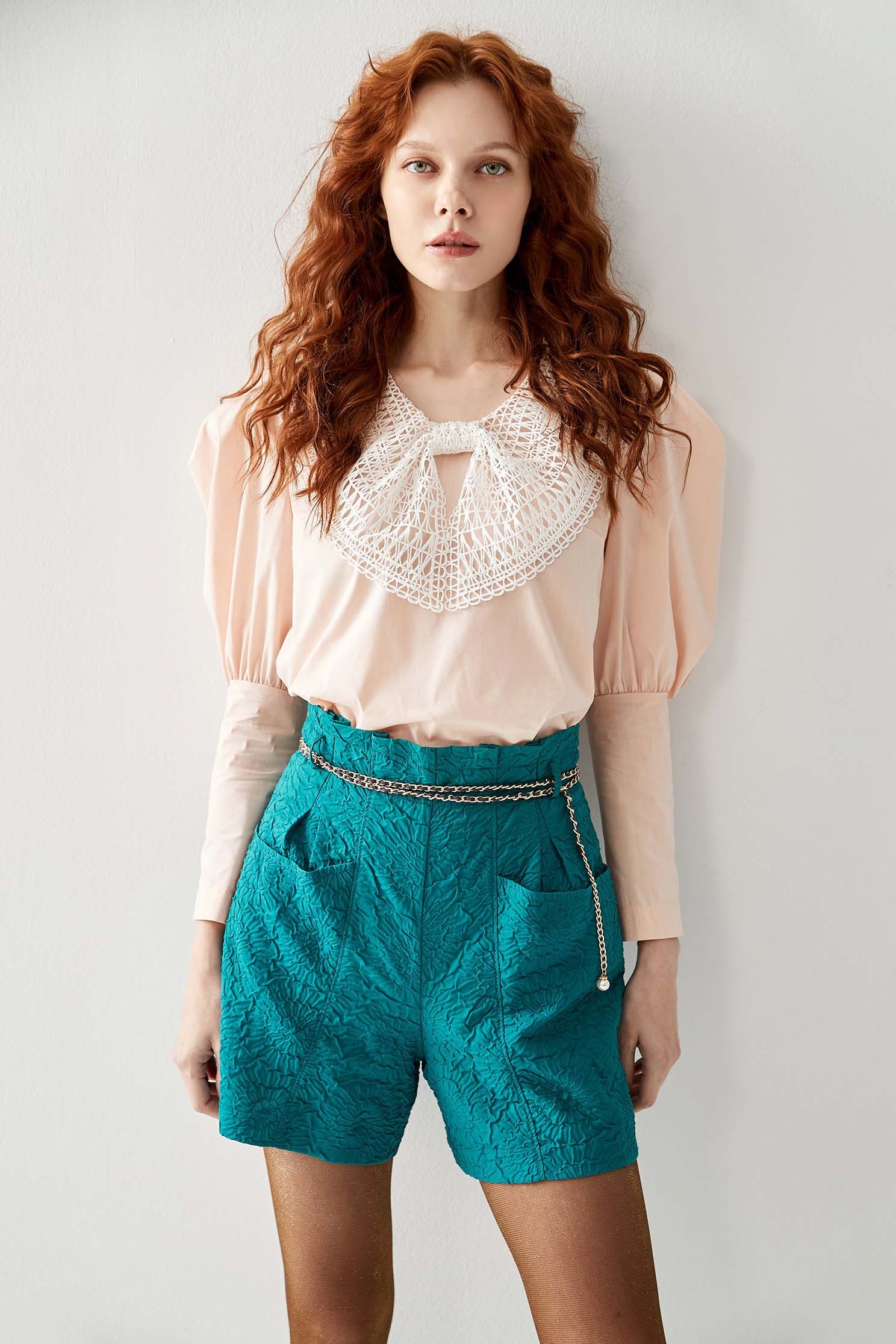 Contrast Hollow Out Lace Collar Pink TopShirt top with bow collar,Tops,Season (AW) Look,Blouses