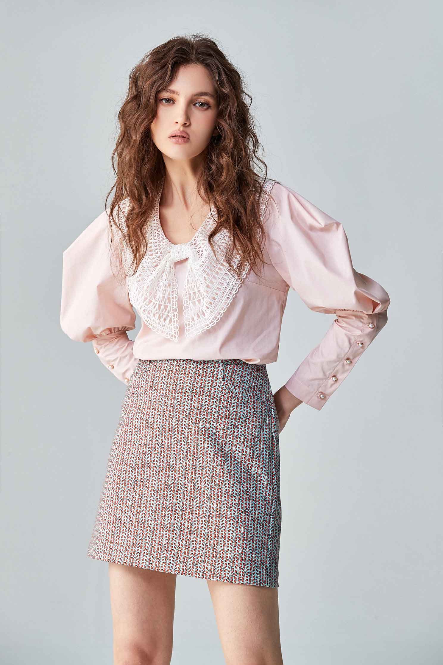 Contrast Hollow Out Lace Collar Pink TopShirt top with bow collar,Tops,Season (AW) Look,Blouses