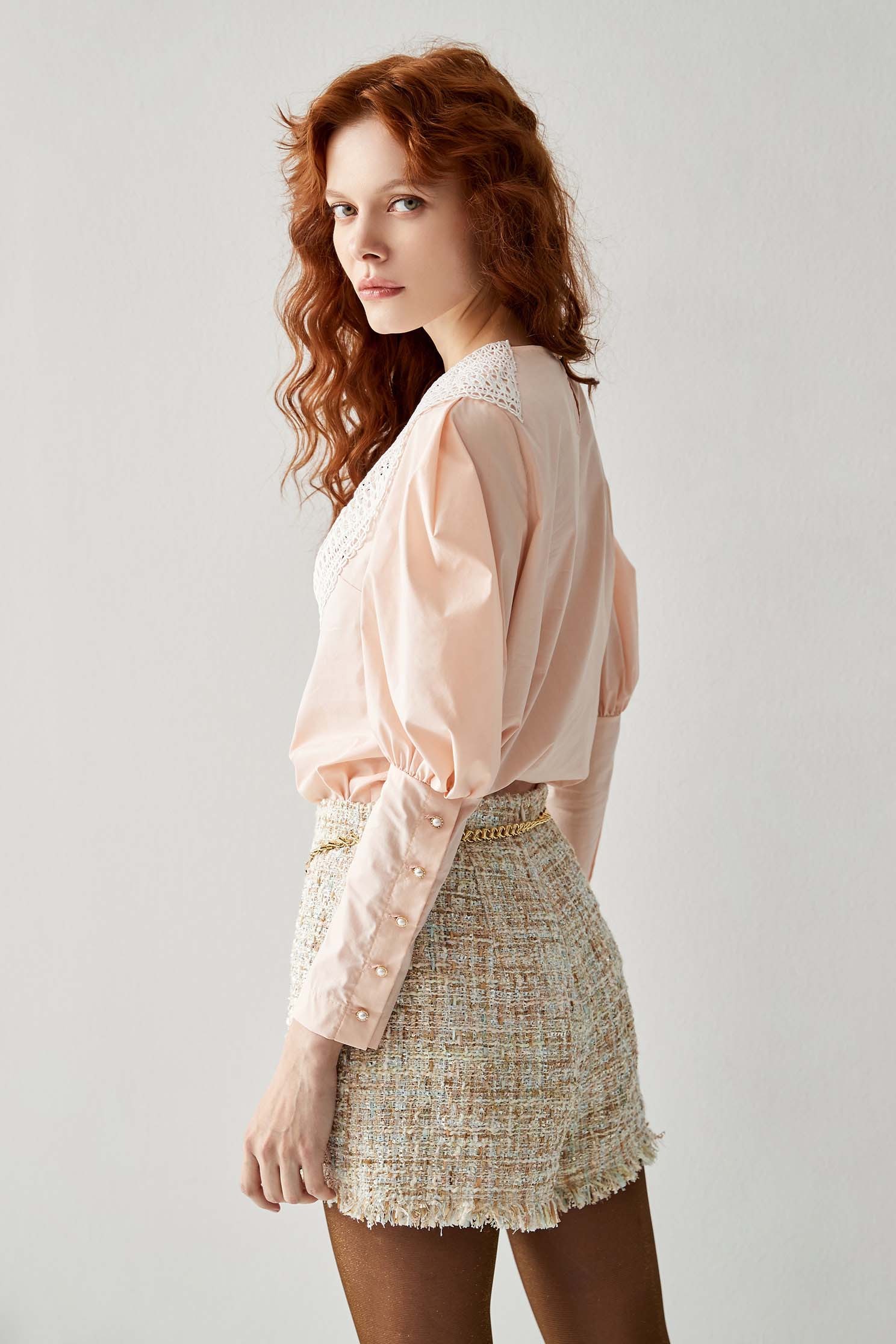 Contrast Hollow Out Lace Collar Pink TopShirt top with bow collar,Tops,Season (AW) Look,Blouses
