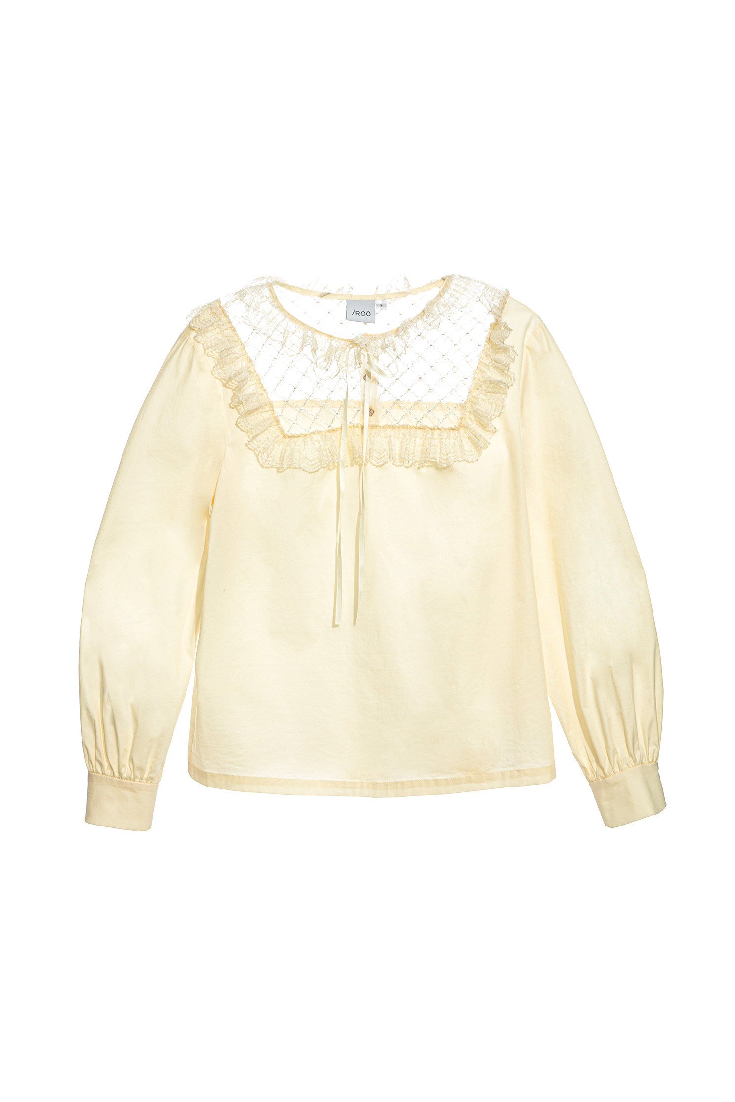 Lace Yoke Long Sleeve Cream BlouseVintage folded lace shirt,Tops,bestselling,Embroidered,Plaid,Season (AW) Look,Valentine,Mesh fabric,Lace,bows,Blouses,fashionart
