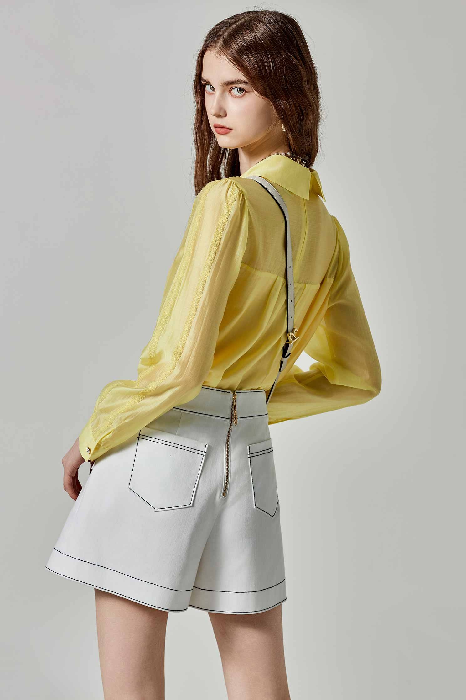 Yellow Long Sleeve Blouse With Lace Trim DetailYellow Long Sleeve Blouse With Lace Trim Detail,Tops,Season (SS) Look,Lace,Blouses