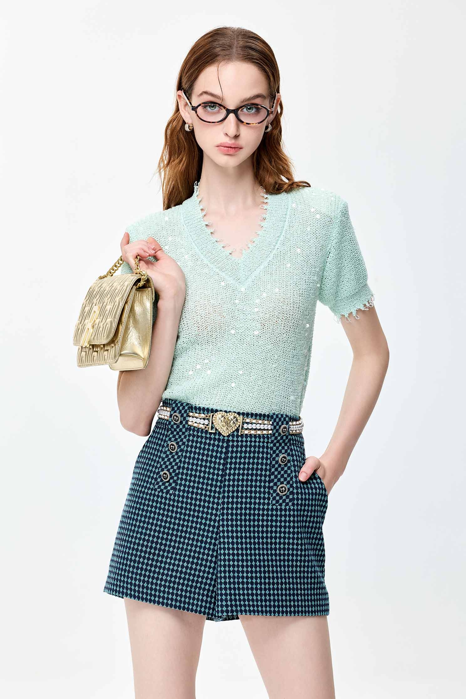 Mint Green Sequin Knit TopMint Green Sequin Knit Top,V-Neck T shirts,Tops,Season (SS) Look,Knitted,Knitted tops,Knitted tops