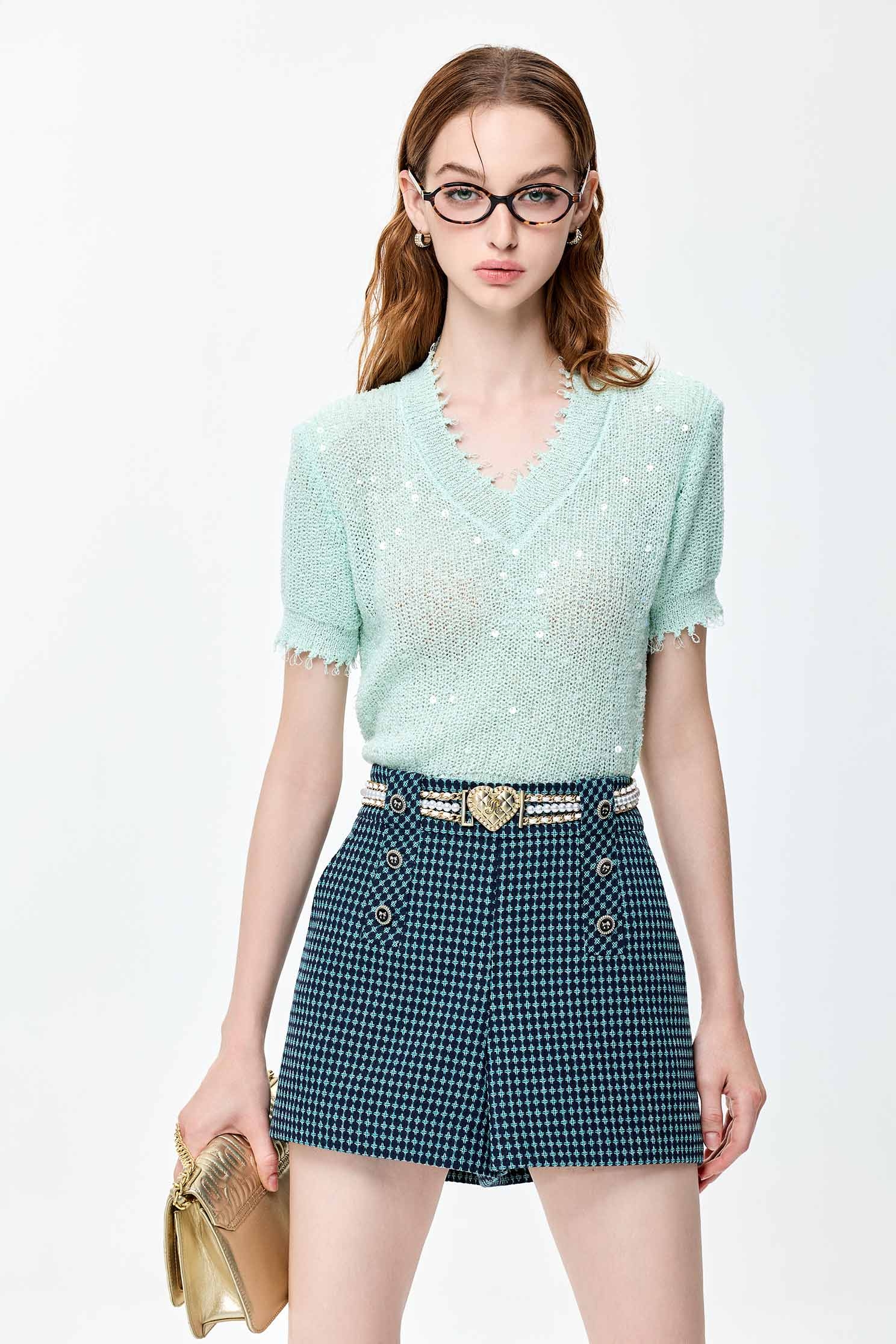 Mint Green Sequin Knit TopMint Green Sequin Knit Top,V-Neck T shirts,Tops,Season (SS) Look,Knitted,Knitted tops,Knitted tops