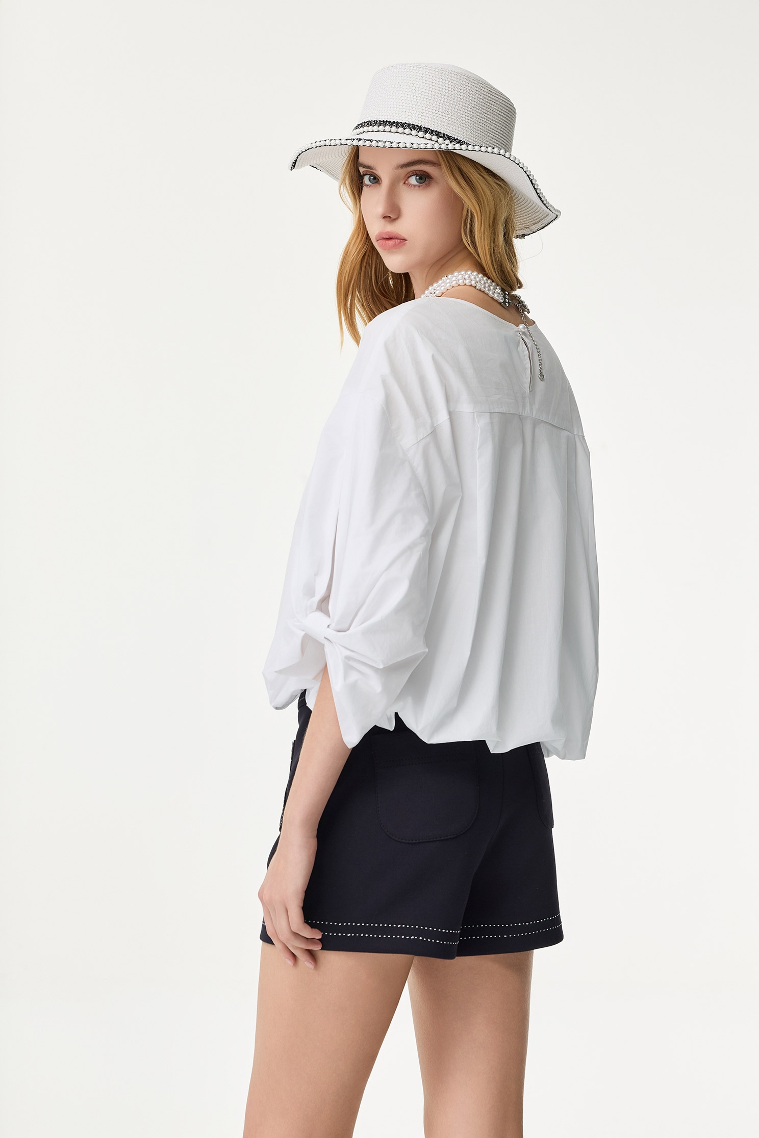 Bubble Sleeve Patch Pocket TopBubble Sleeve Patch Pocket Top,Tops,Season (SS) Look,White tops,Embroidered,Blouses