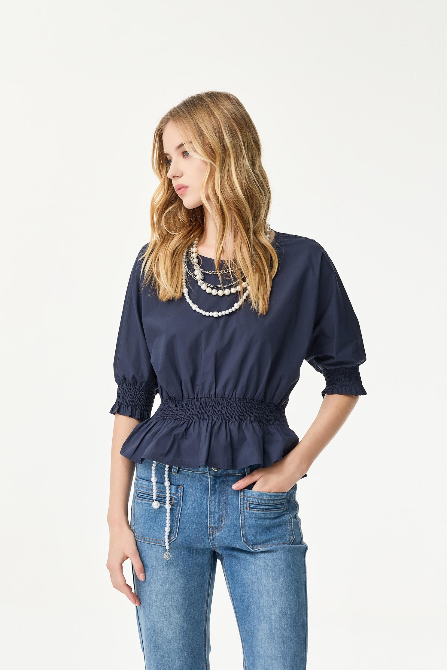 Elastic Waist Navy TopElastic Waist Navy Top,Tops,Season (SS) Look,Cotton,Blouses