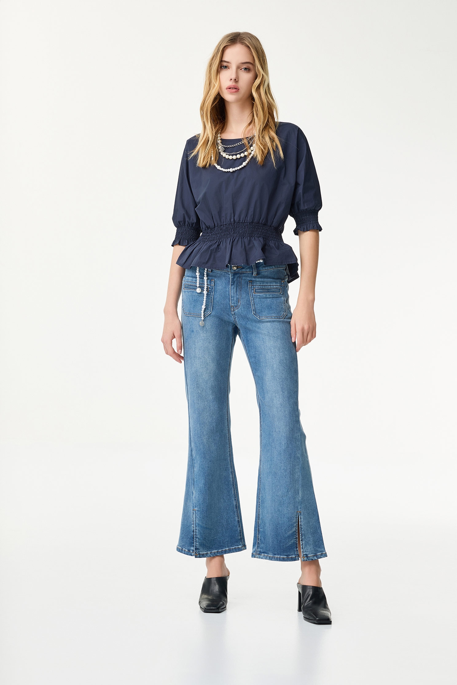 Elastic Waist Navy TopElastic Waist Navy Top,Tops,Season (SS) Look,Cotton,Blouses
