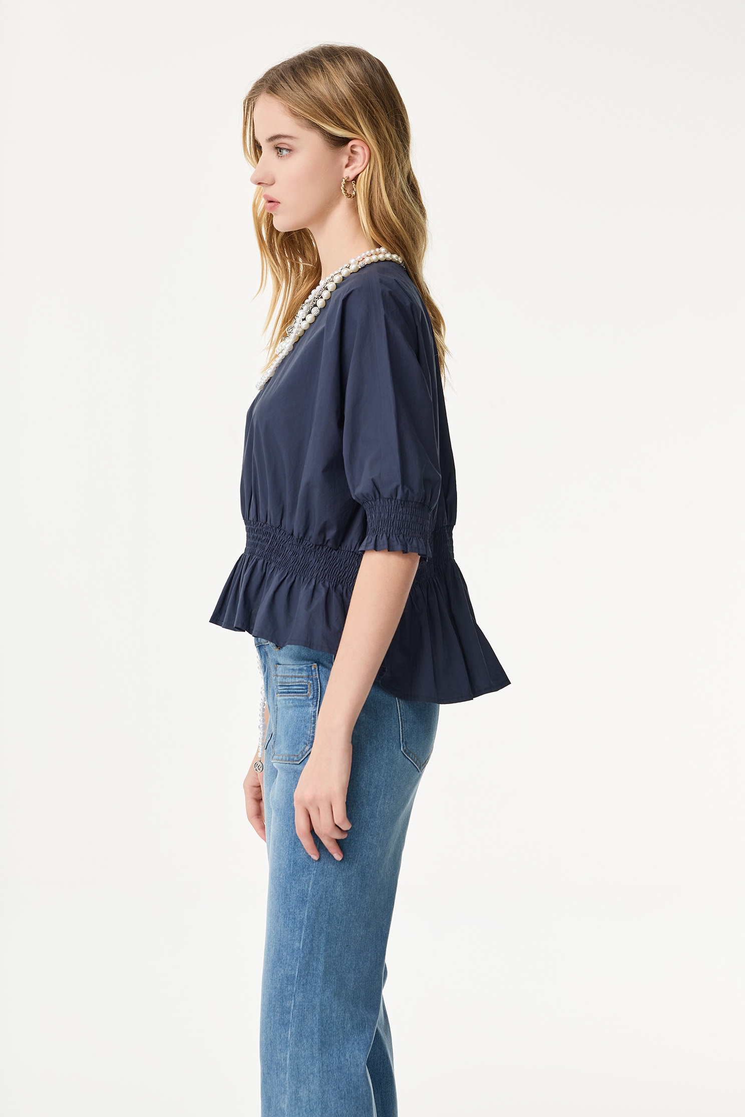Elastic Waist Navy TopElastic Waist Navy Top,Tops,Season (SS) Look,Cotton,Blouses