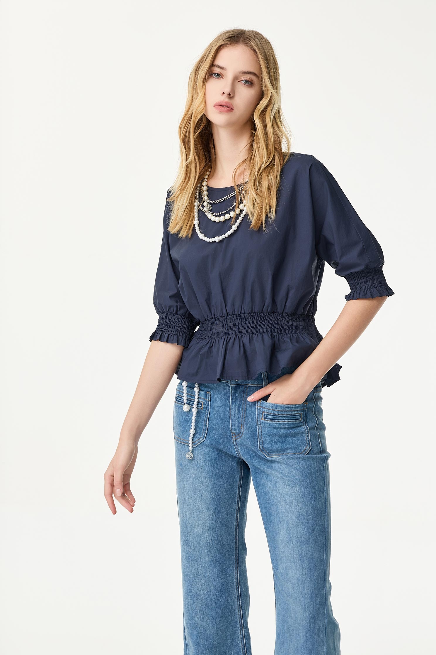 Elastic Waist Navy TopElastic Waist Navy Top,Tops,Season (SS) Look,Cotton,Blouses